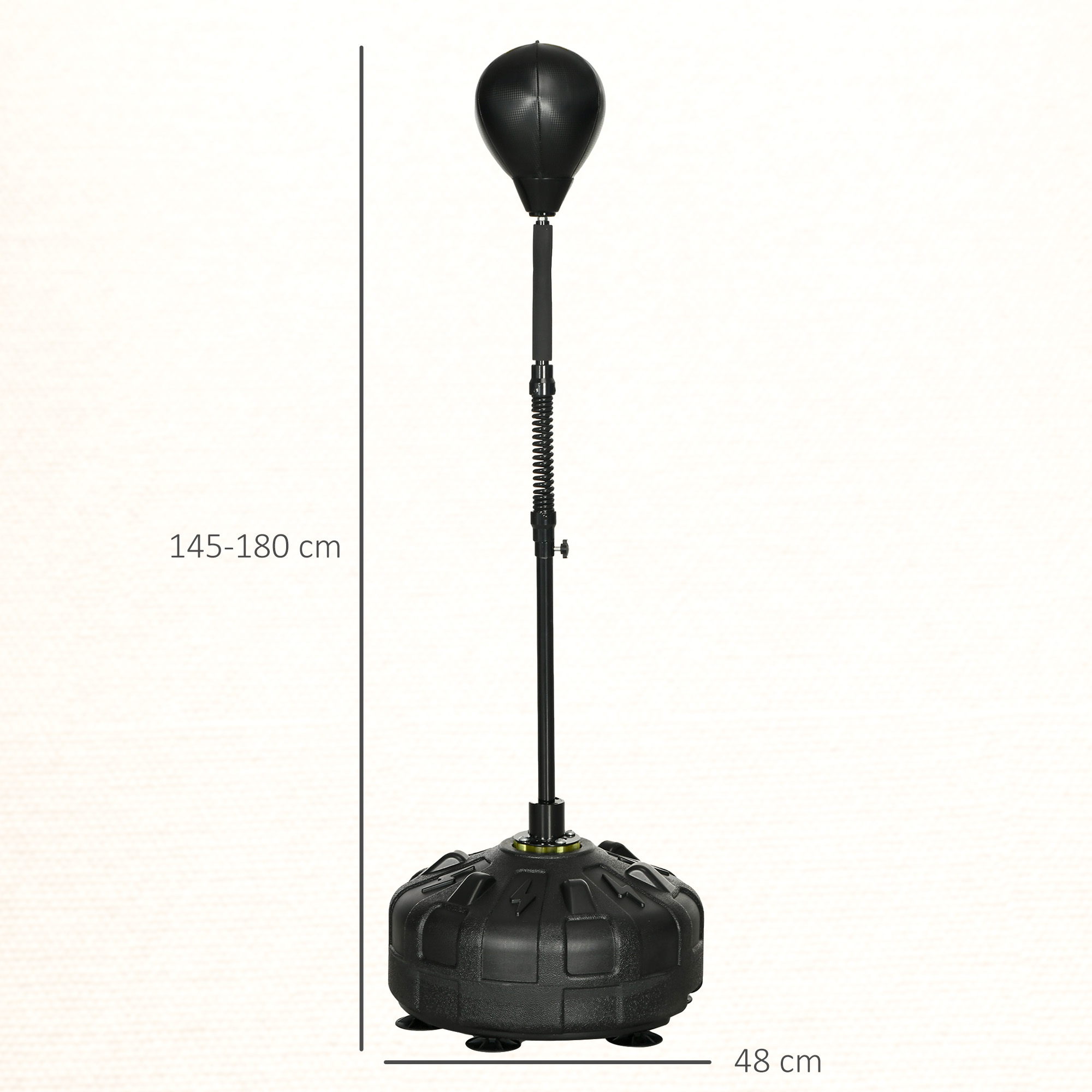 Un sacco da boxe nero con supporto regolabile e molla. Misura 145-180 cm di altezza, base 48 cm.