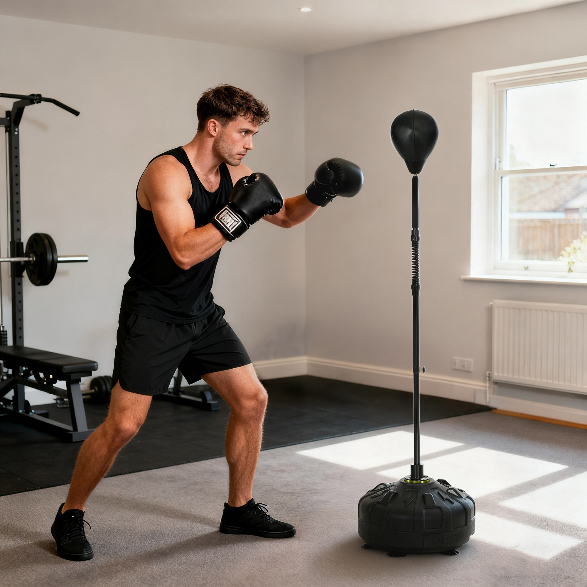 Uomo che fa pugilato in palestra con panca pesi e sacco da boxe.