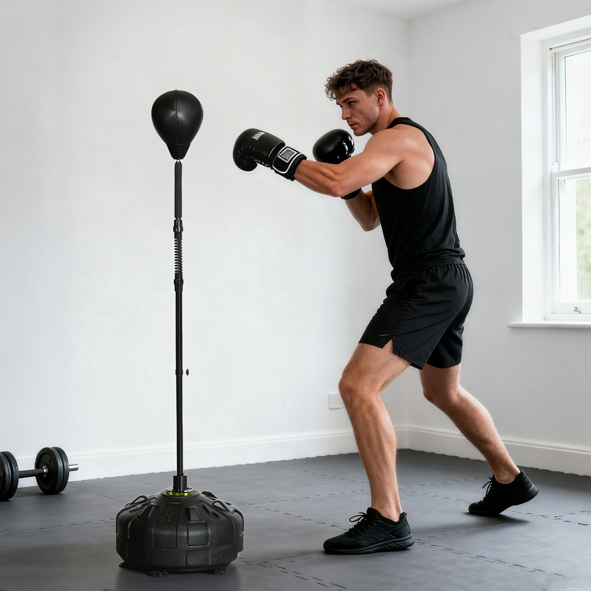 Un uomo in nero si allena con un sacco da boxe in palestra.
