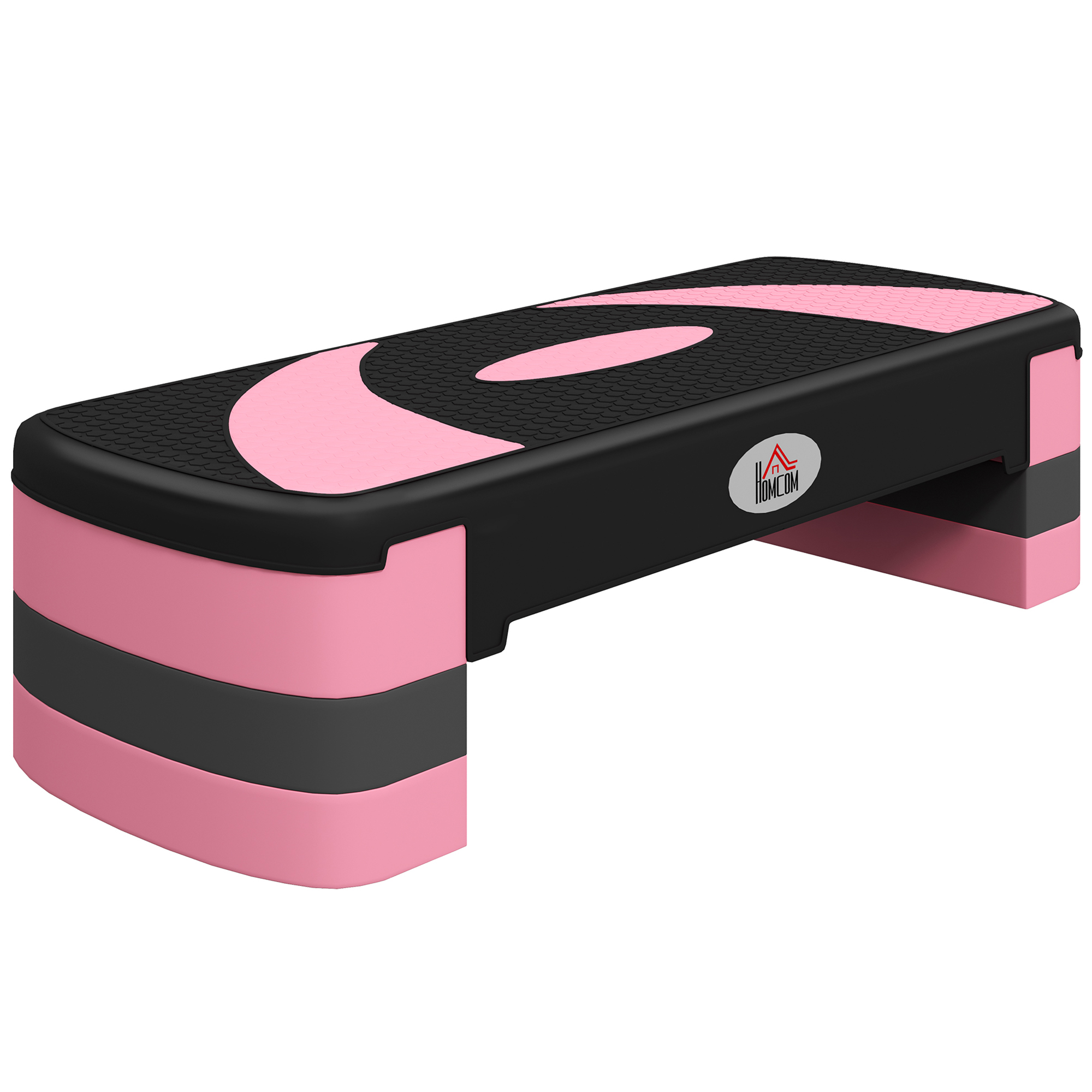 Un step aerobico nero con accenti rosa e superficie testurizzata.