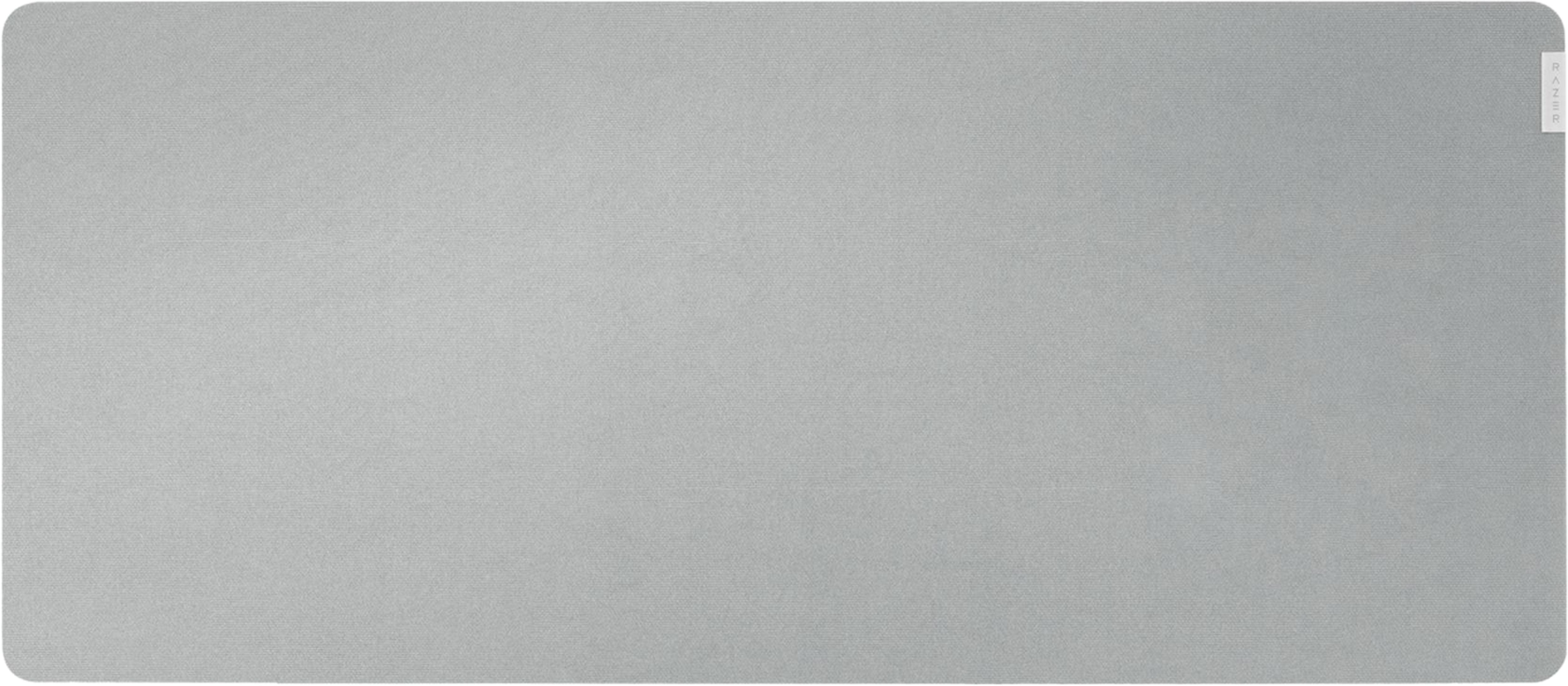 Graue, rechteckige Mausunterlage mit feiner Textur und Logo oben rechts.
