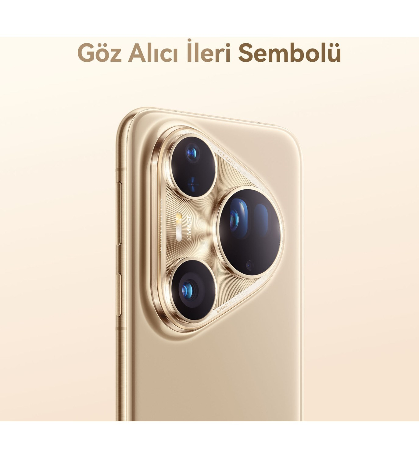 Teléfono inteligente dorado con módulo de cámara prominente y texto arriba.