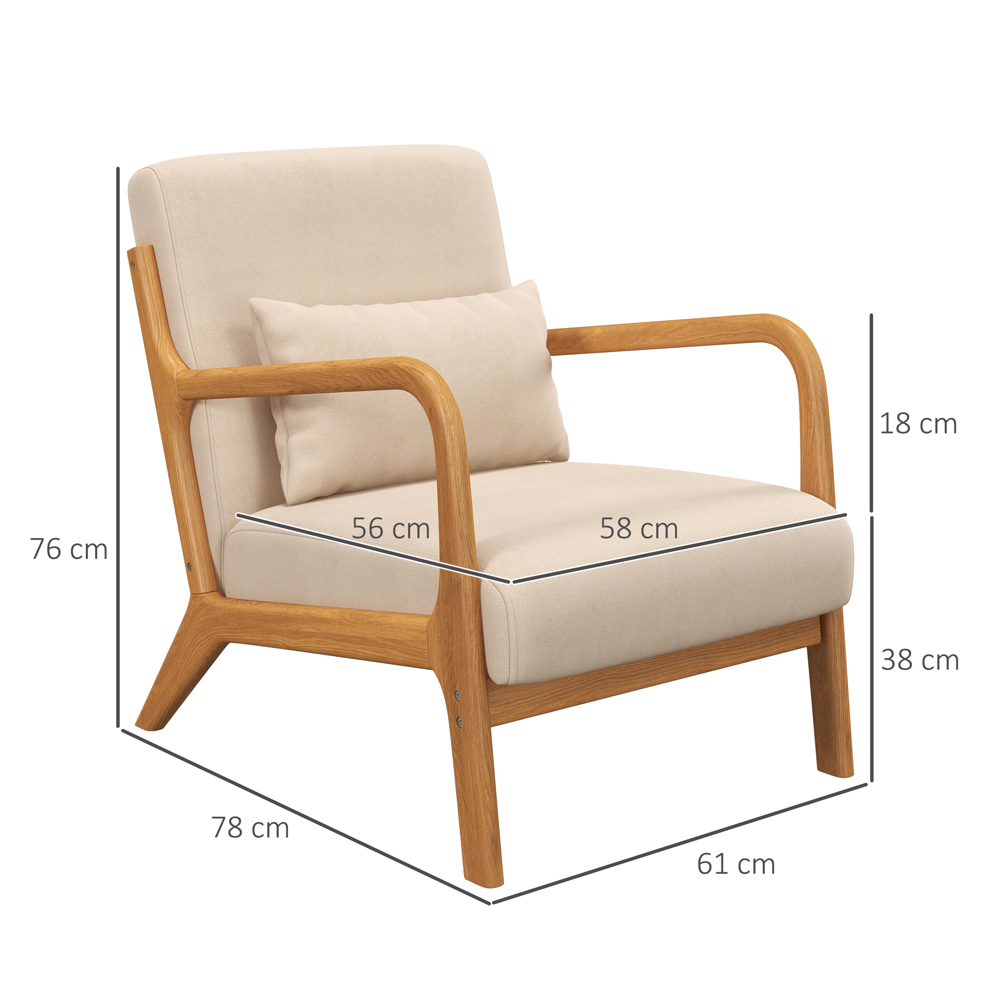 Poltrona beige con telaio in legno, dimensioni indicate.