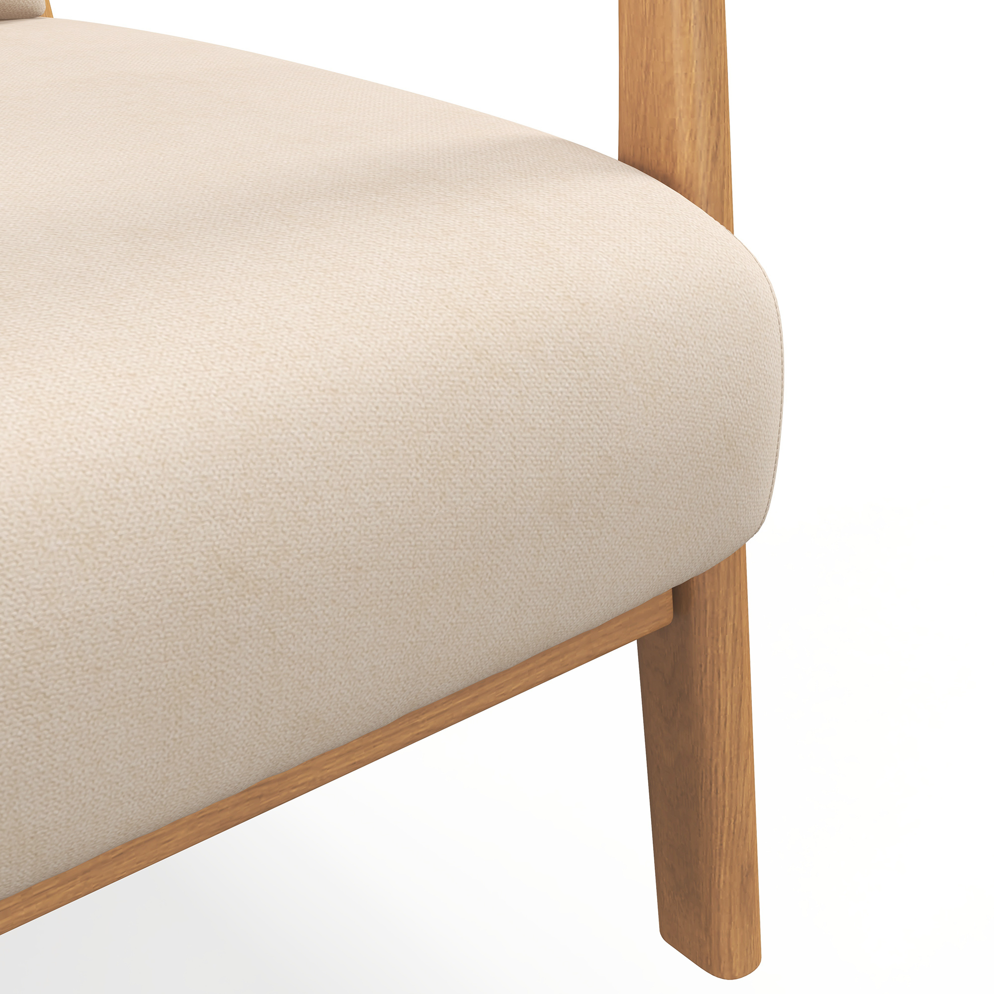 Una sedia beige con gambe in legno, vista ravvicinata.