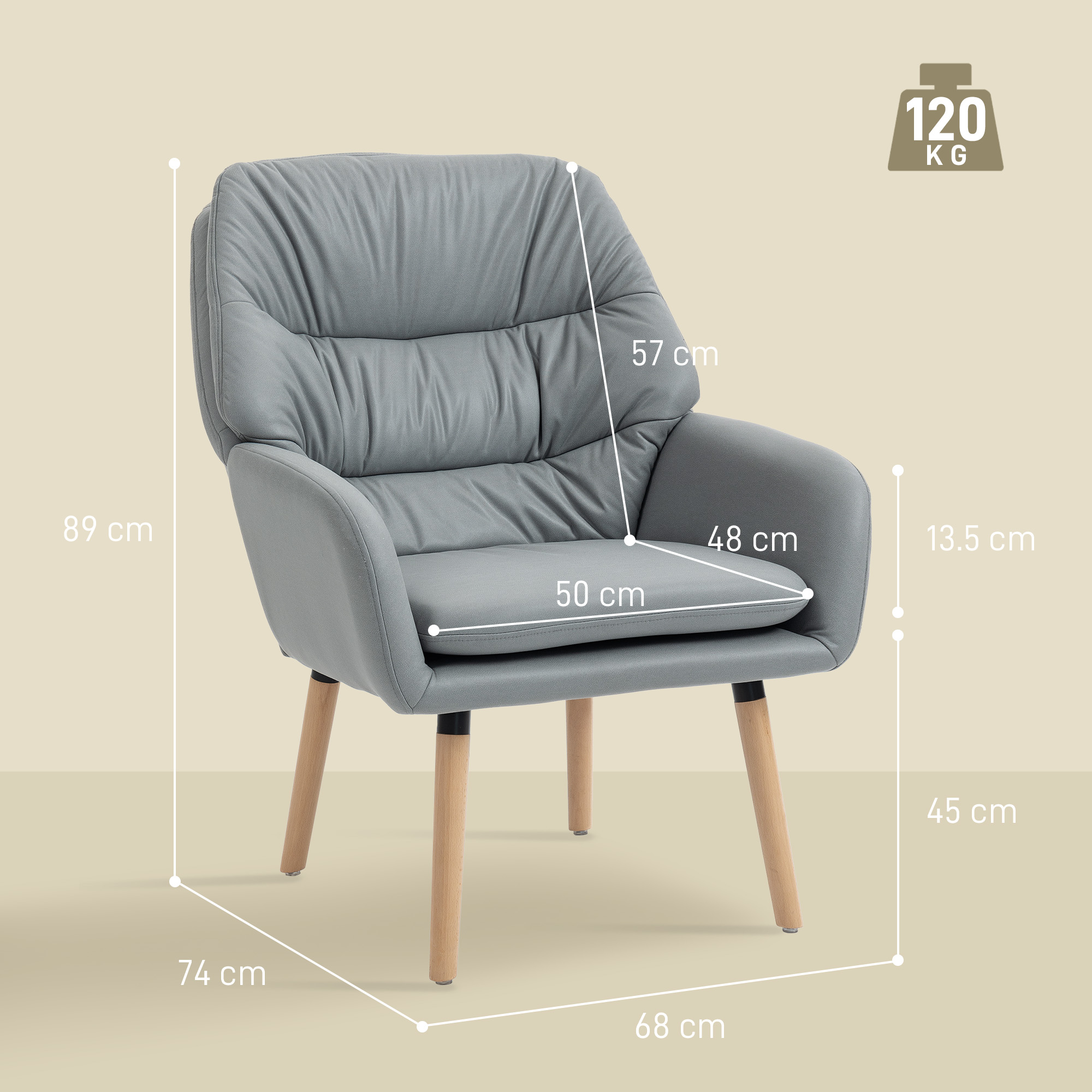 Poltrona grigia con gambe in legno, dimensioni indicate.