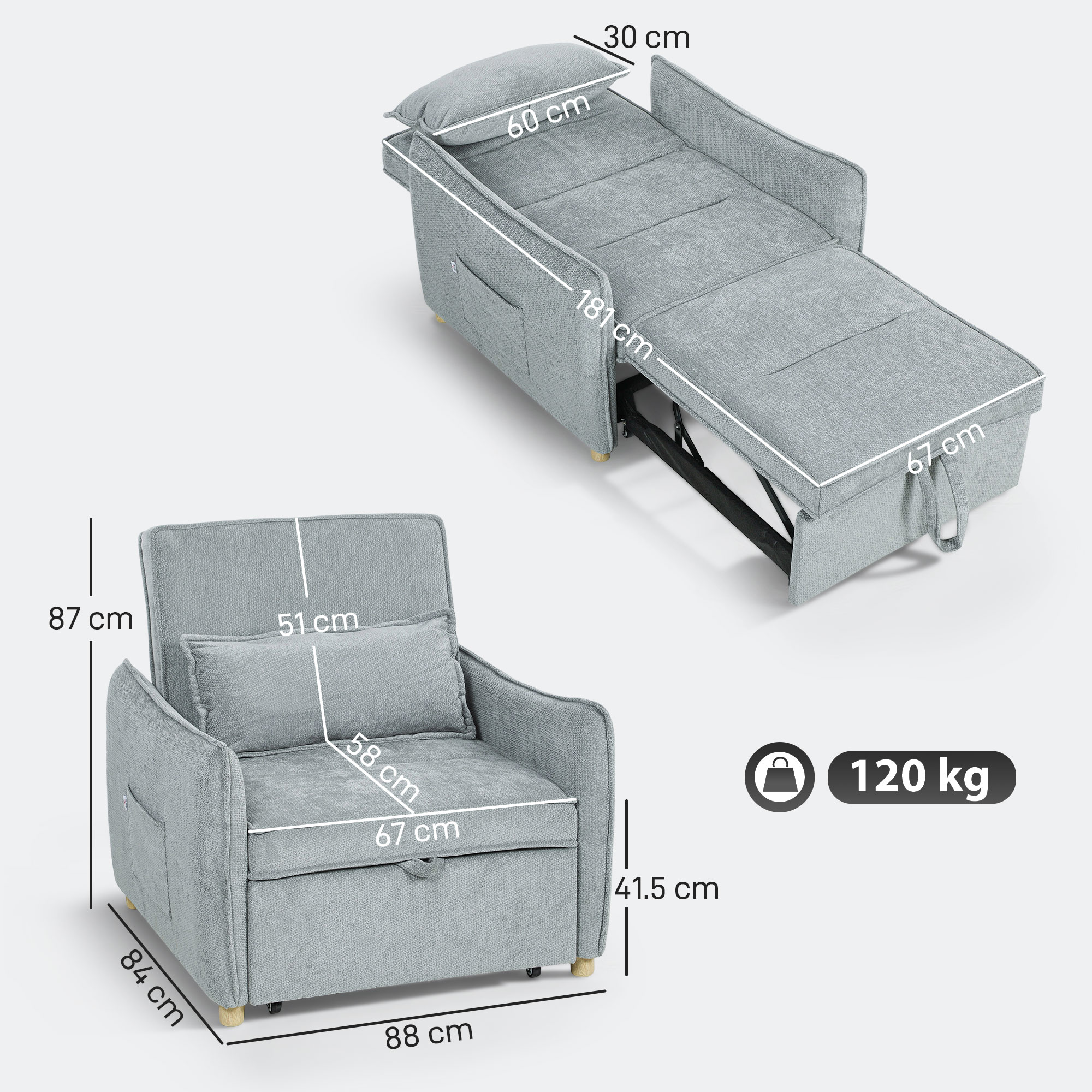 Divano letto grigio in forma di poltrona e letto con dimensioni. Carico max 120 kg.