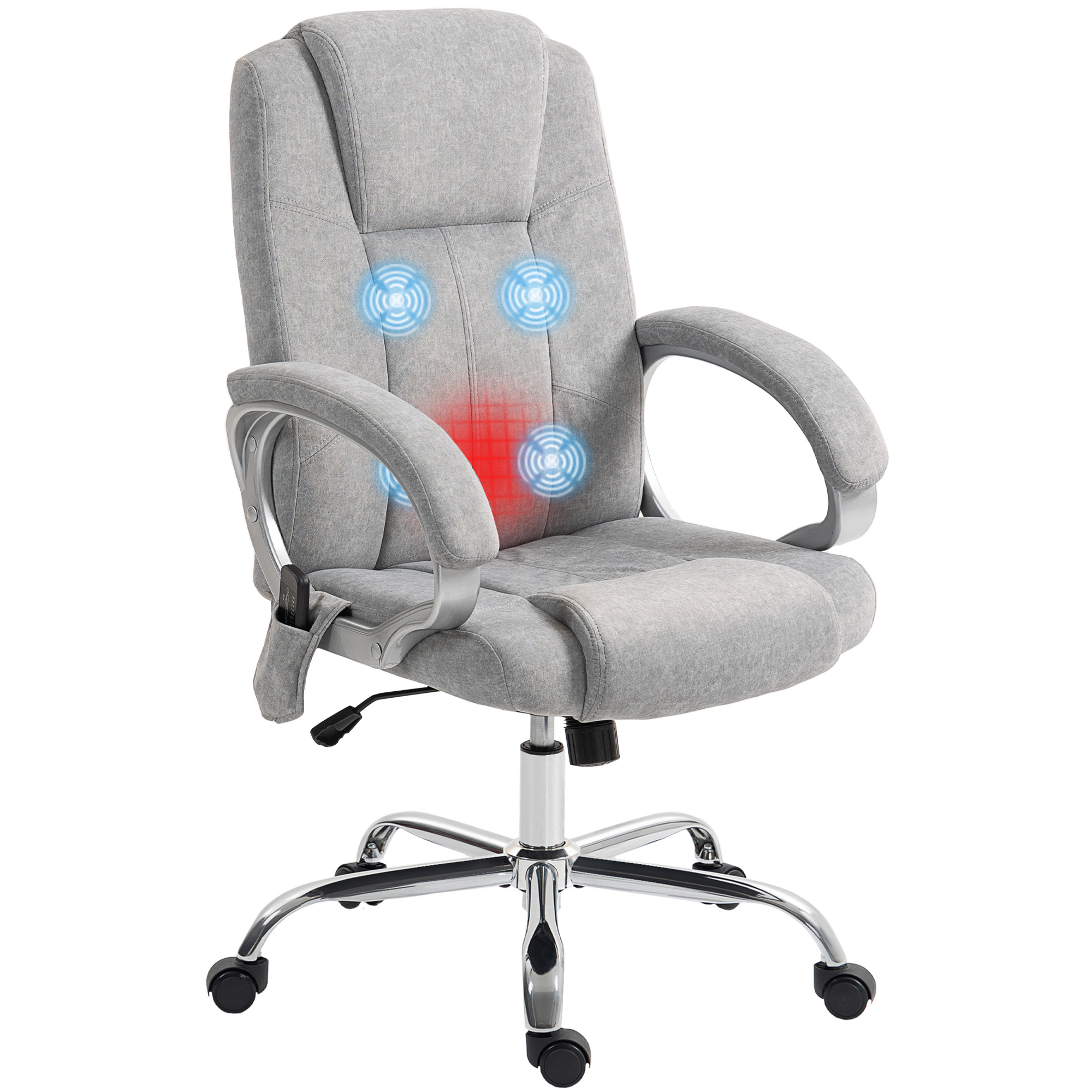 Sedia da ufficio grigia con funzione massaggio, cerchi rossi e blu indicano le zone.