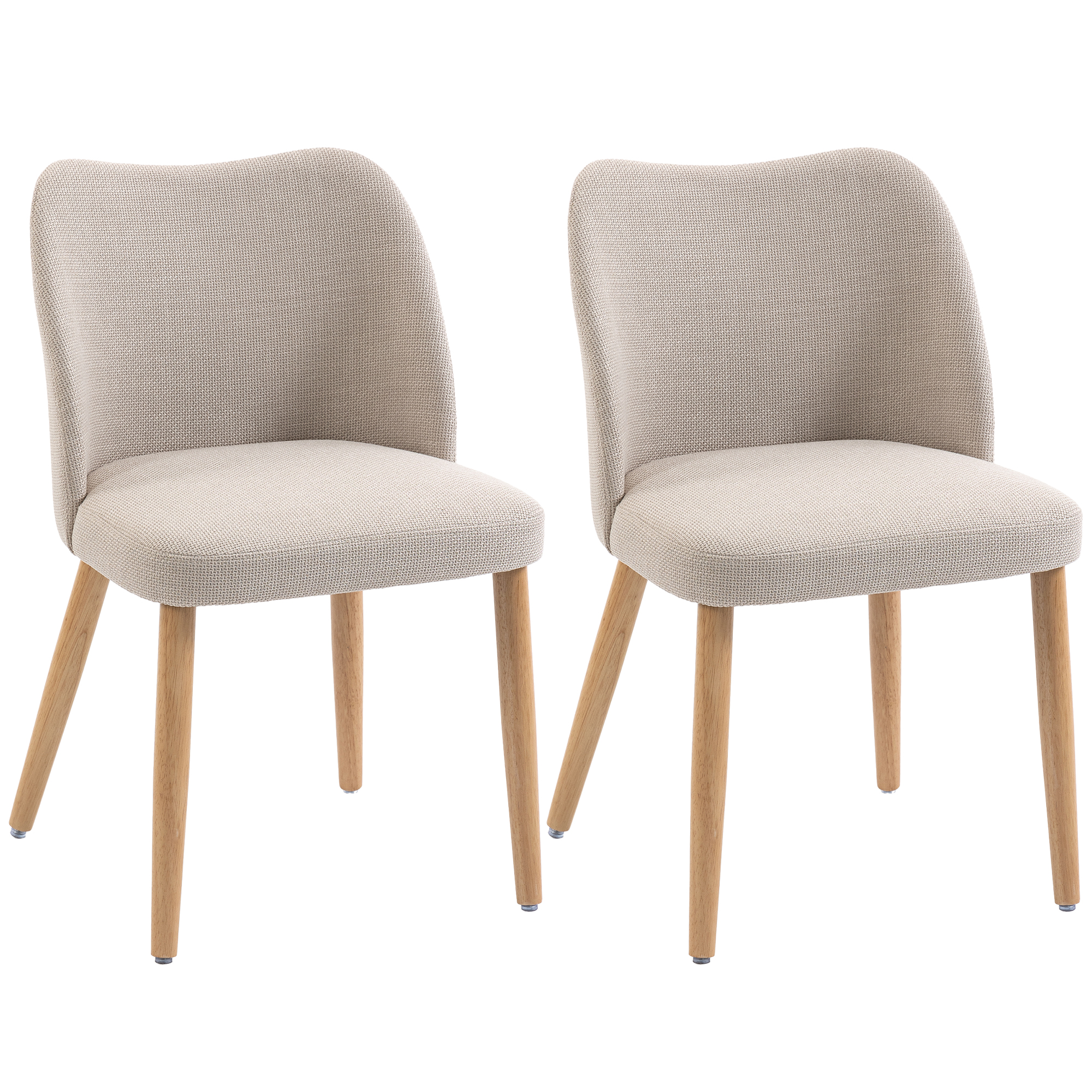 Due sedie in tessuto beige con gambe in legno stanno una accanto all'altra.