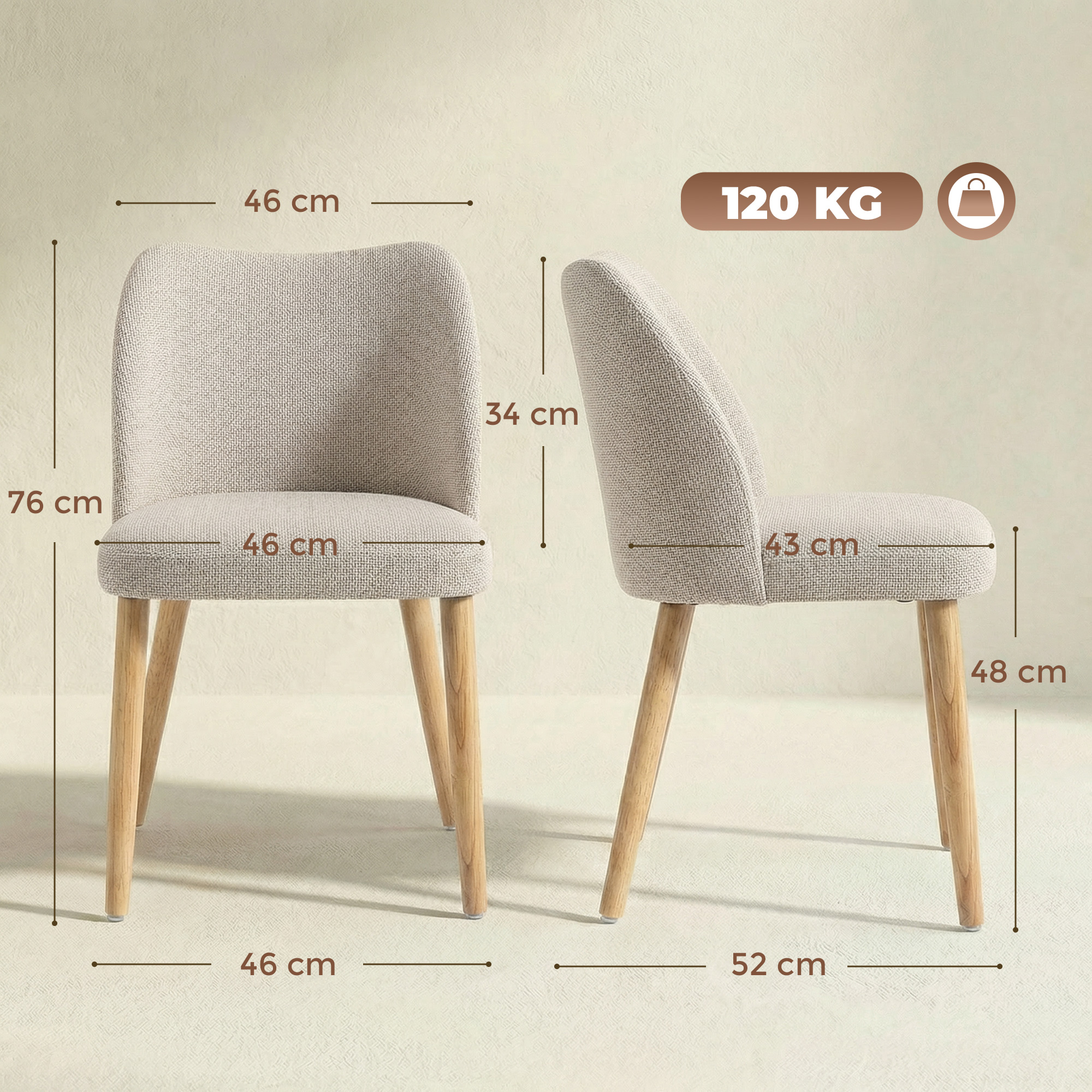Due sedie con dimensioni: 76x46x46 cm e 48x43x52 cm. Portata 120 kg.