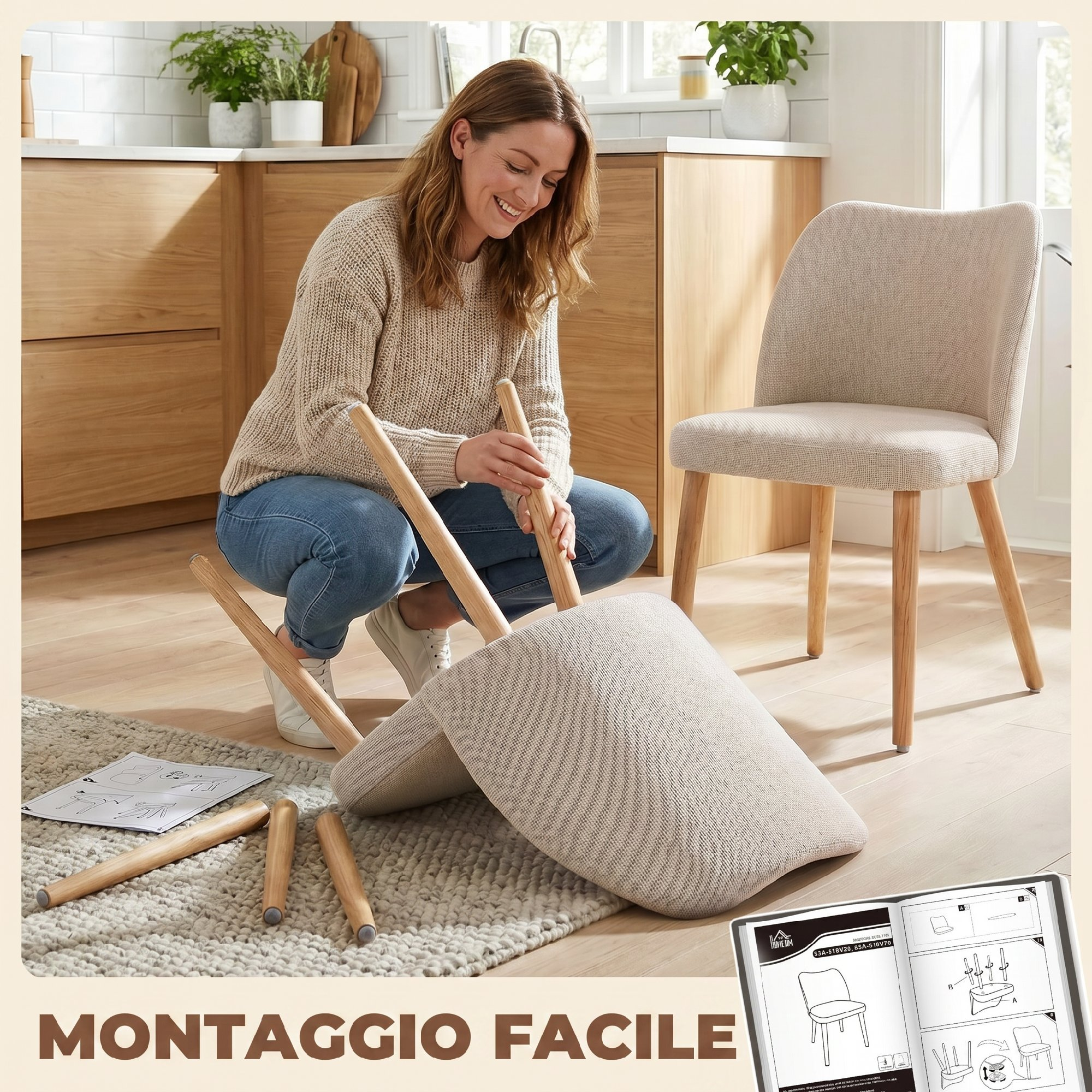 Donna monta sedia in cucina. Pezzi di legno e istruzioni su tappeto.