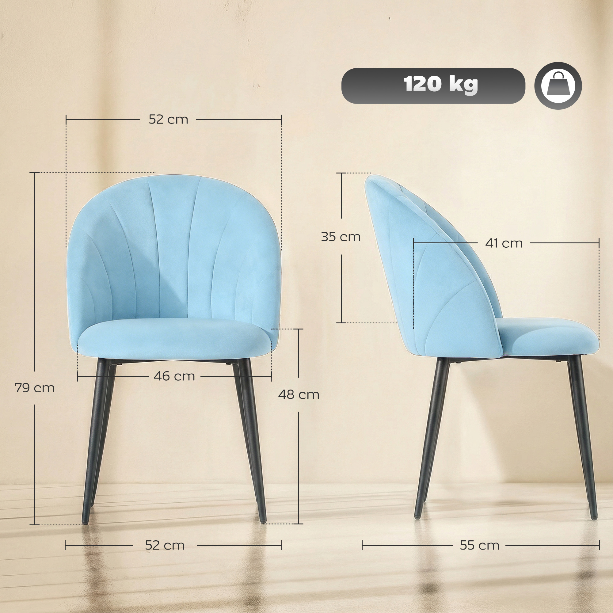 Una sedia azzurra con gambe nere, le dimensioni sono indicate.