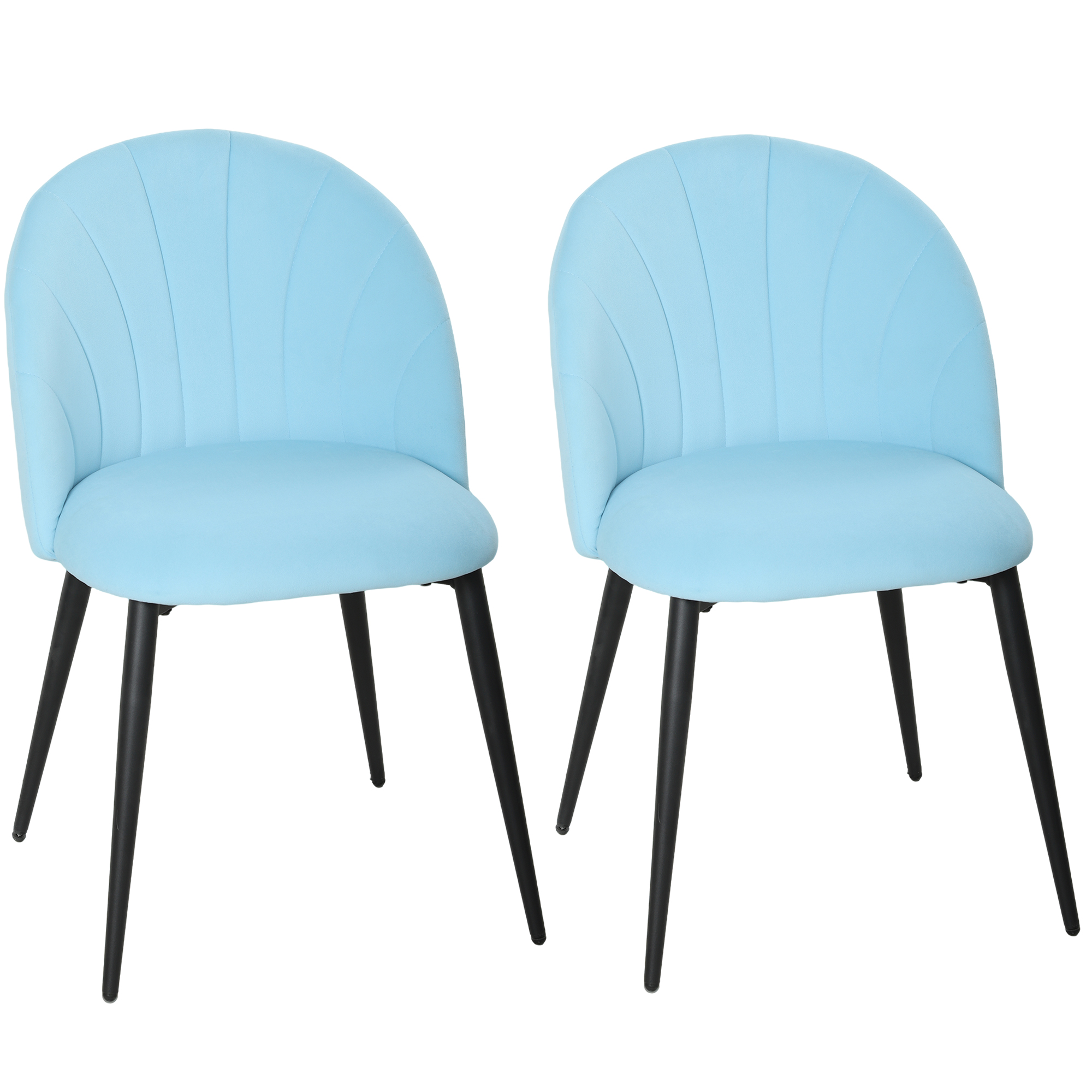 Due sedie azzurro chiaro con gambe nere su sfondo bianco.