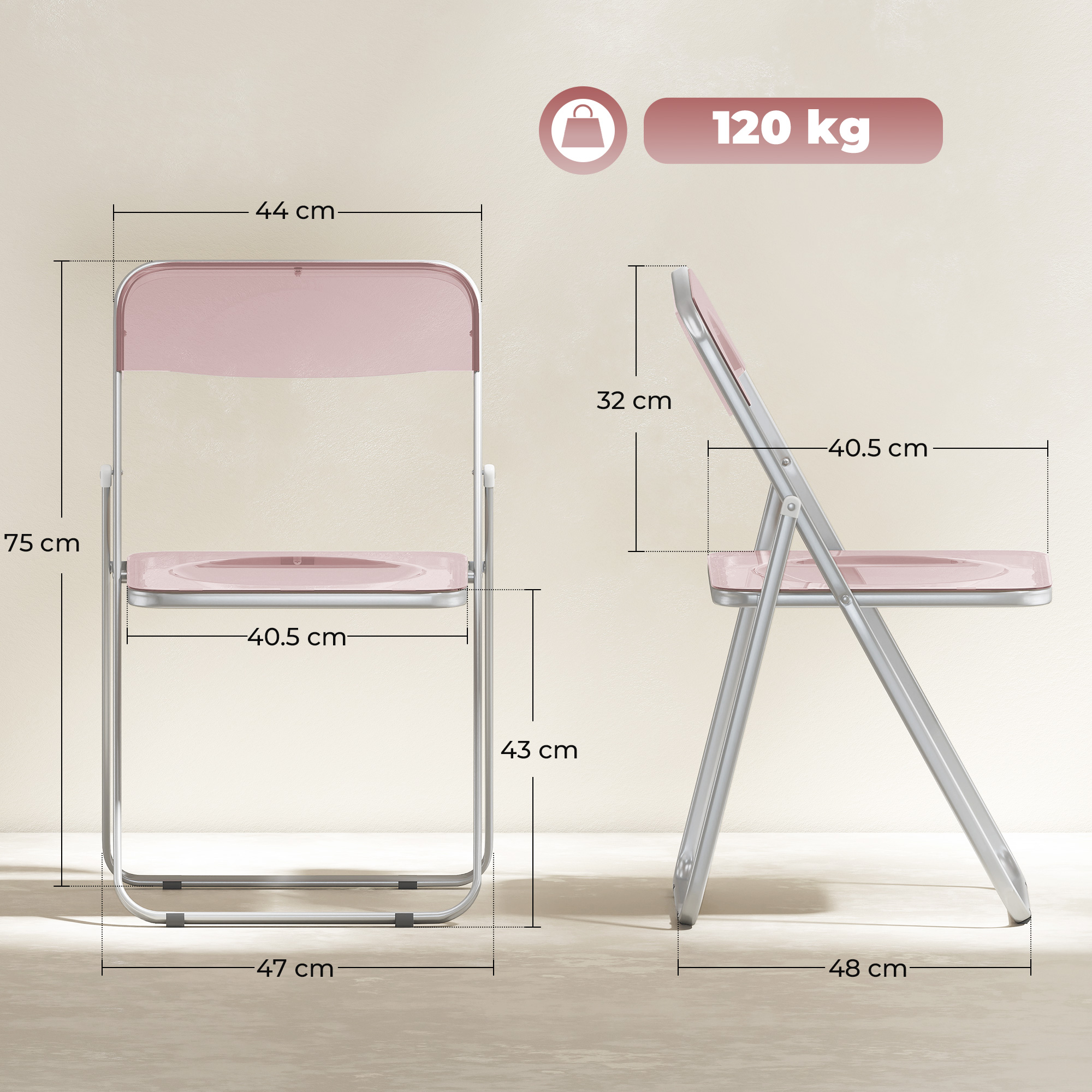 Una sedia pieghevole rosa con dimensioni e capacità di 120 kg.