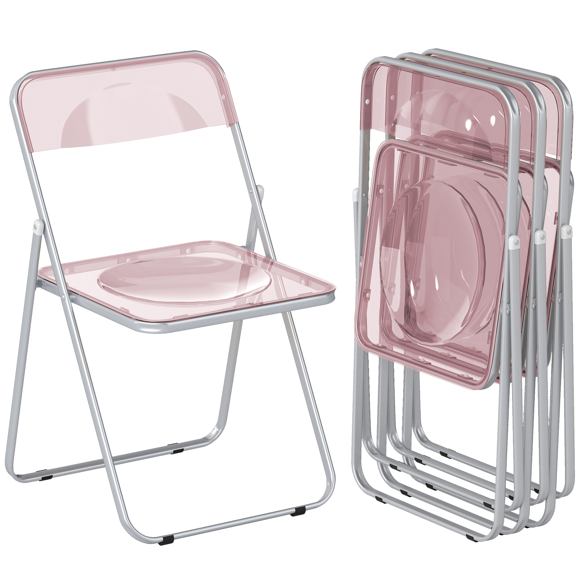 Una sedia pieghevole in plastica traslucida rosa e una pila di quattro sedie.