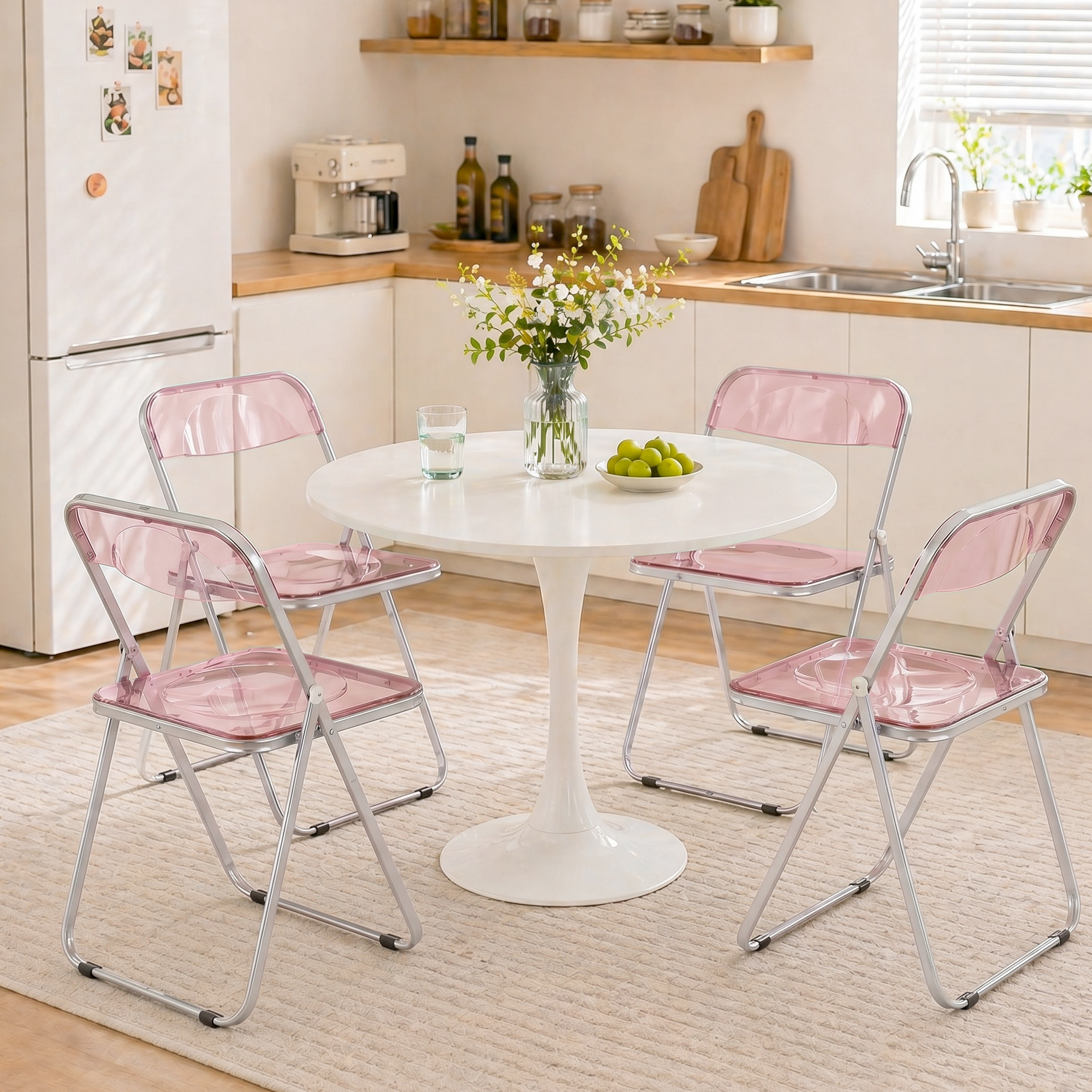 Un tavolo rotondo bianco con quattro sedie rosa trasparenti in una cucina luminosa.