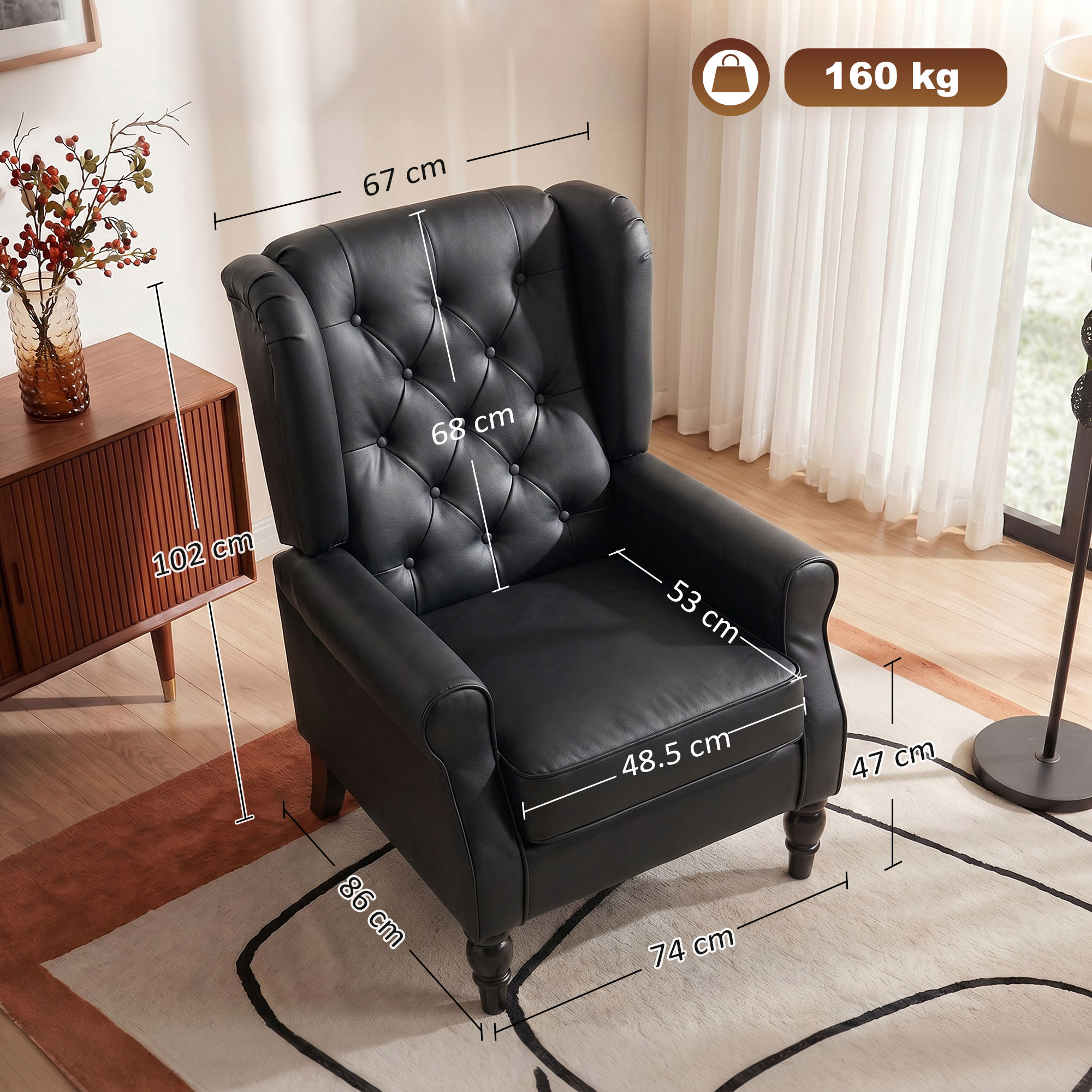 Poltrona in pelle nera con dimensioni e capacità di 160 kg.