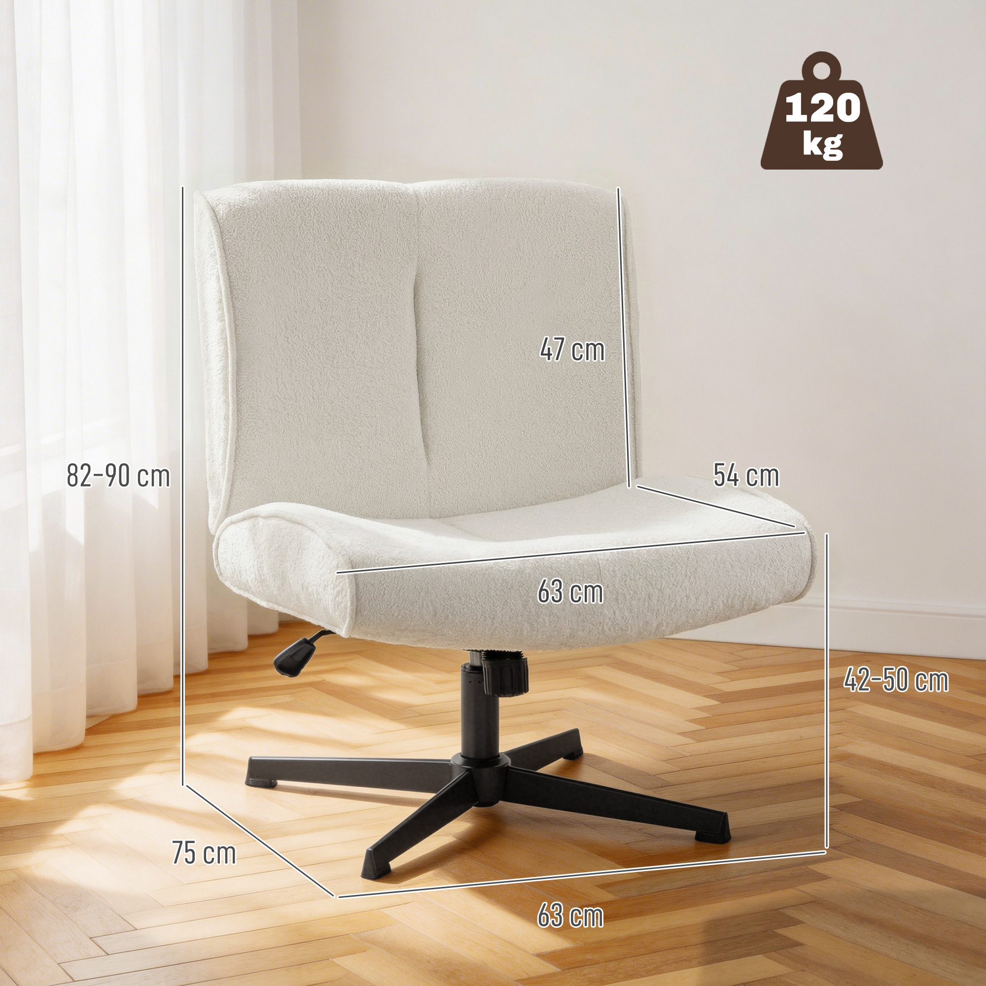 Una sedia da ufficio di colore chiaro con ruote, dimensioni indicate.