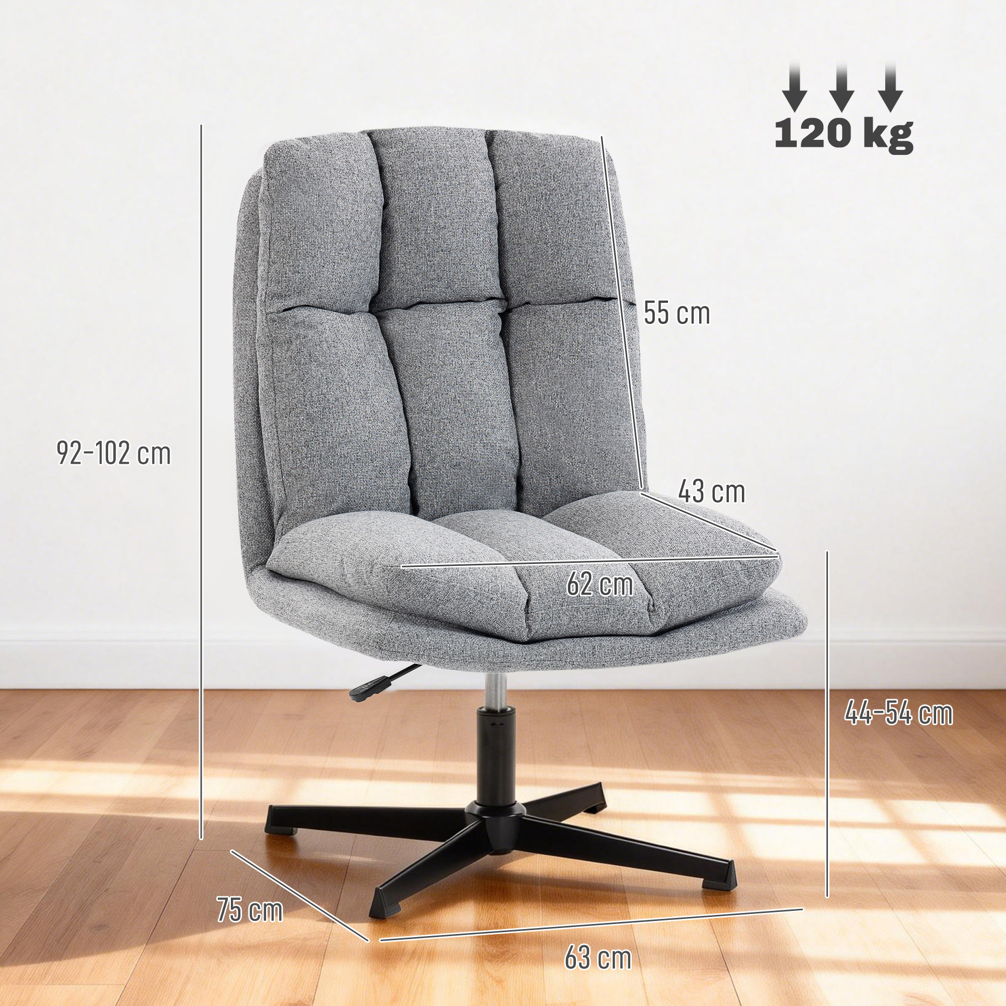 Sedia da ufficio imbottita grigia con dimensioni: altezza 92-102 cm, larghezza 62 cm, base 75 cm.