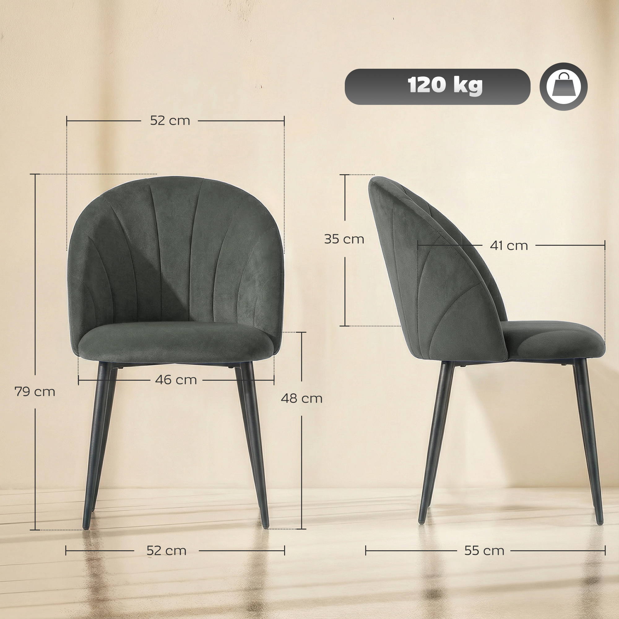 Una sedia grigio scuro con dimensioni e capacità di 120 kg.