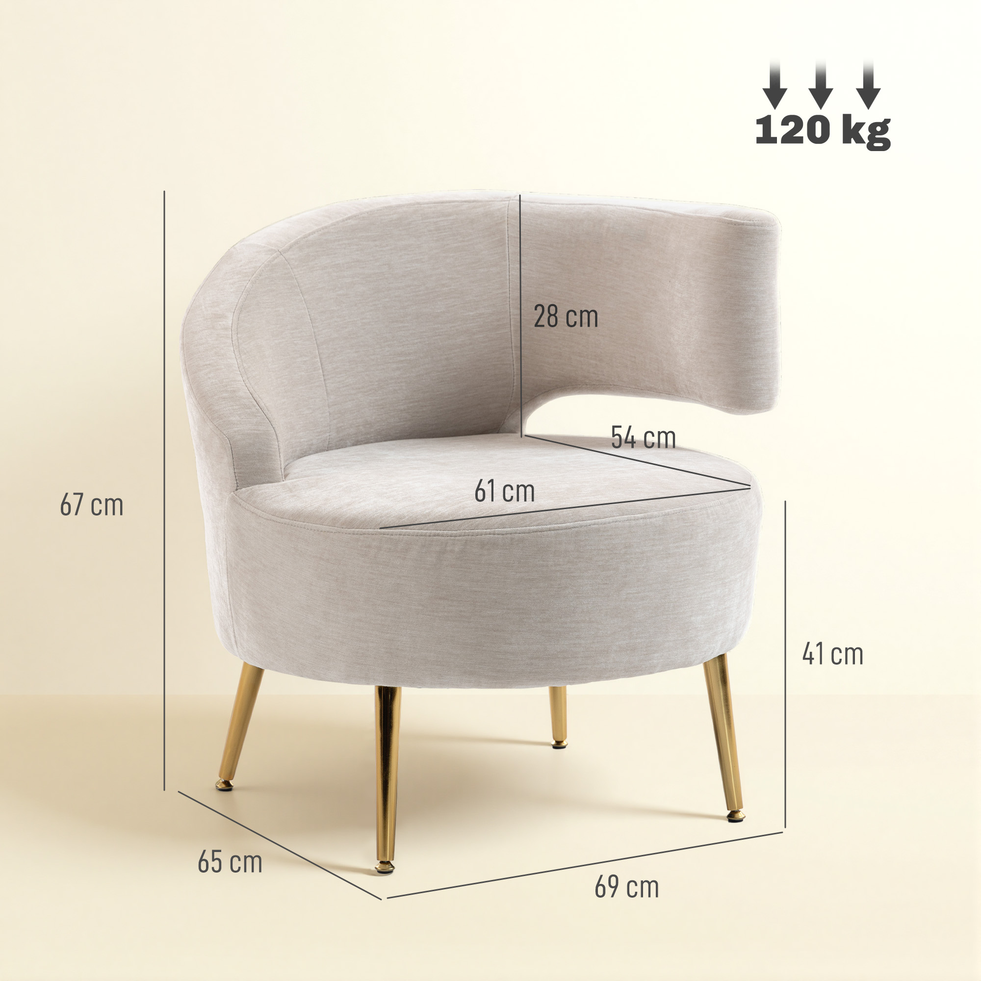 Una poltrona beige chiaro con gambe dorate. Dimensioni mostrate: 67cm A, 61cm L, 69cm P, 120kg max.