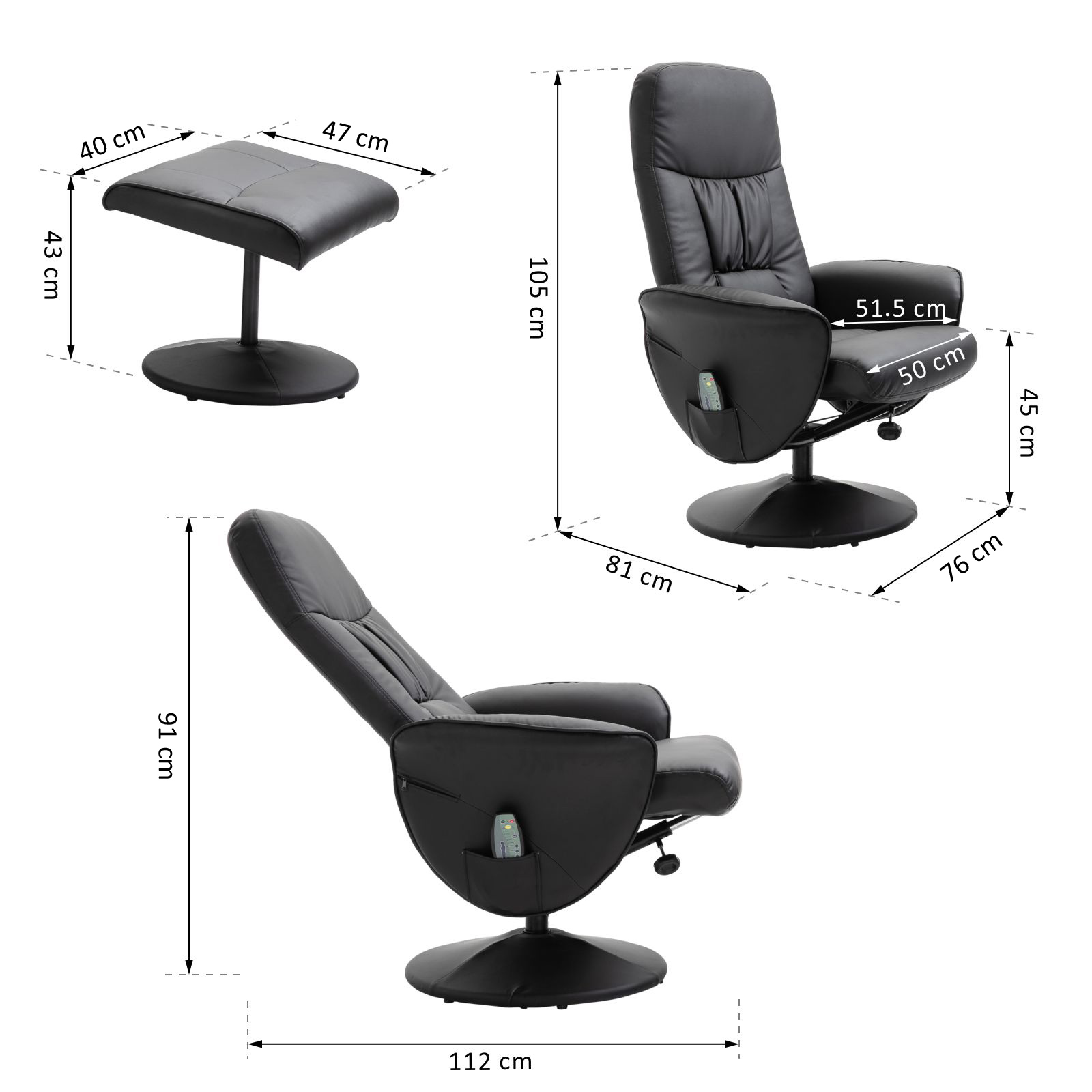 Poltrona reclinabile in ecopelle nera con pouf e dimensioni.