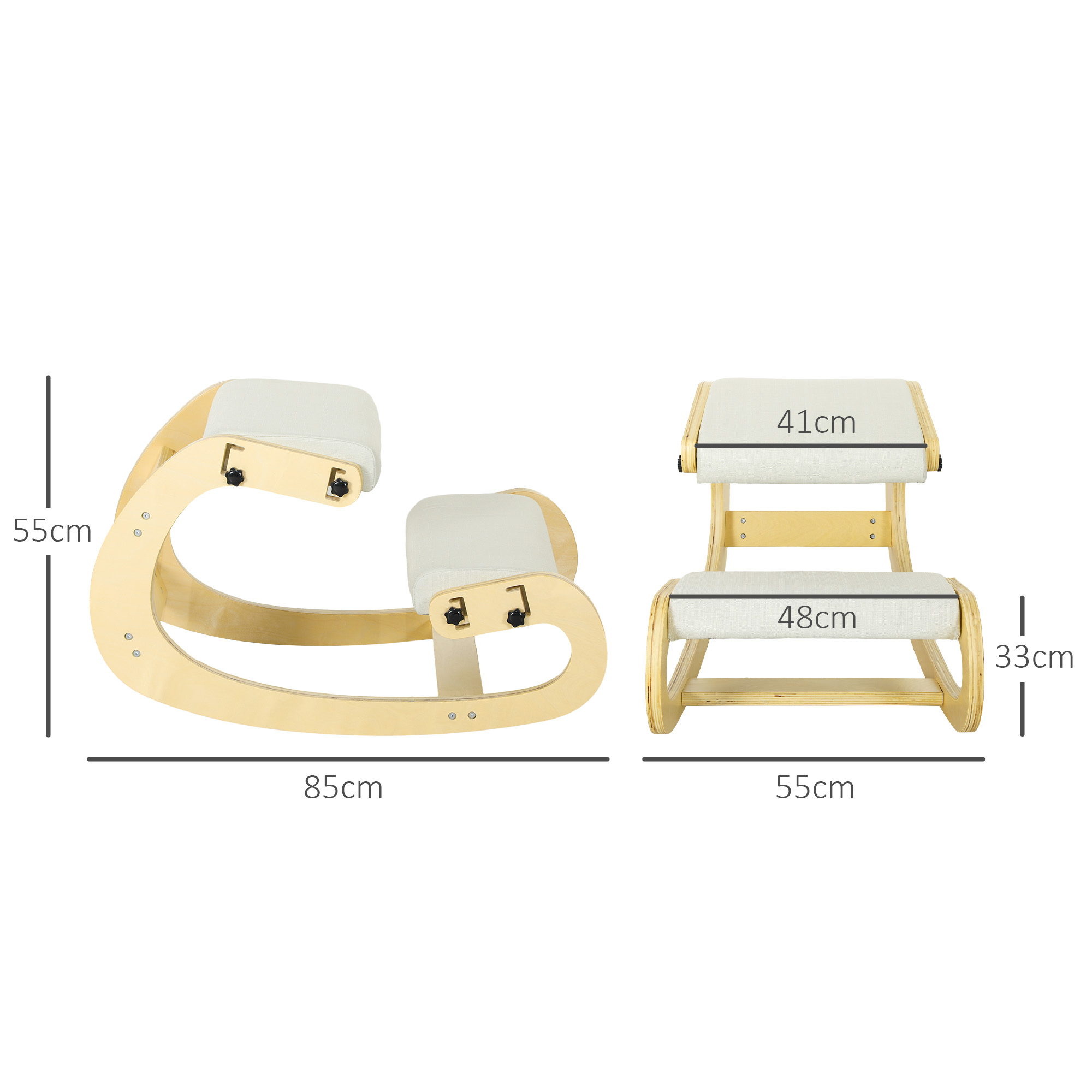 Dimensioni sedia ergonomica in ginocchio in cm: 85x55x55 (LxLxA), altezza seduta 48cm.