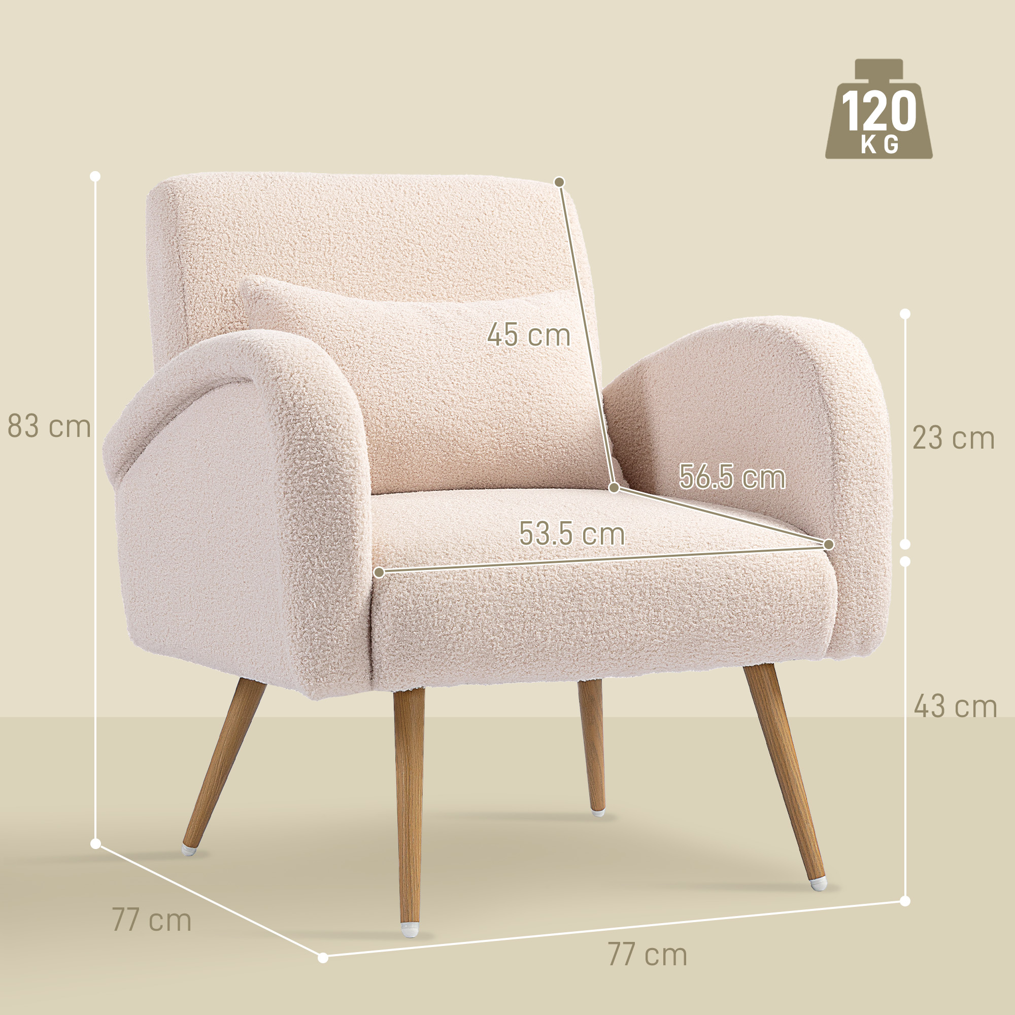 Una poltrona color crema in teddy con dimensioni e limite di peso 120 kg.