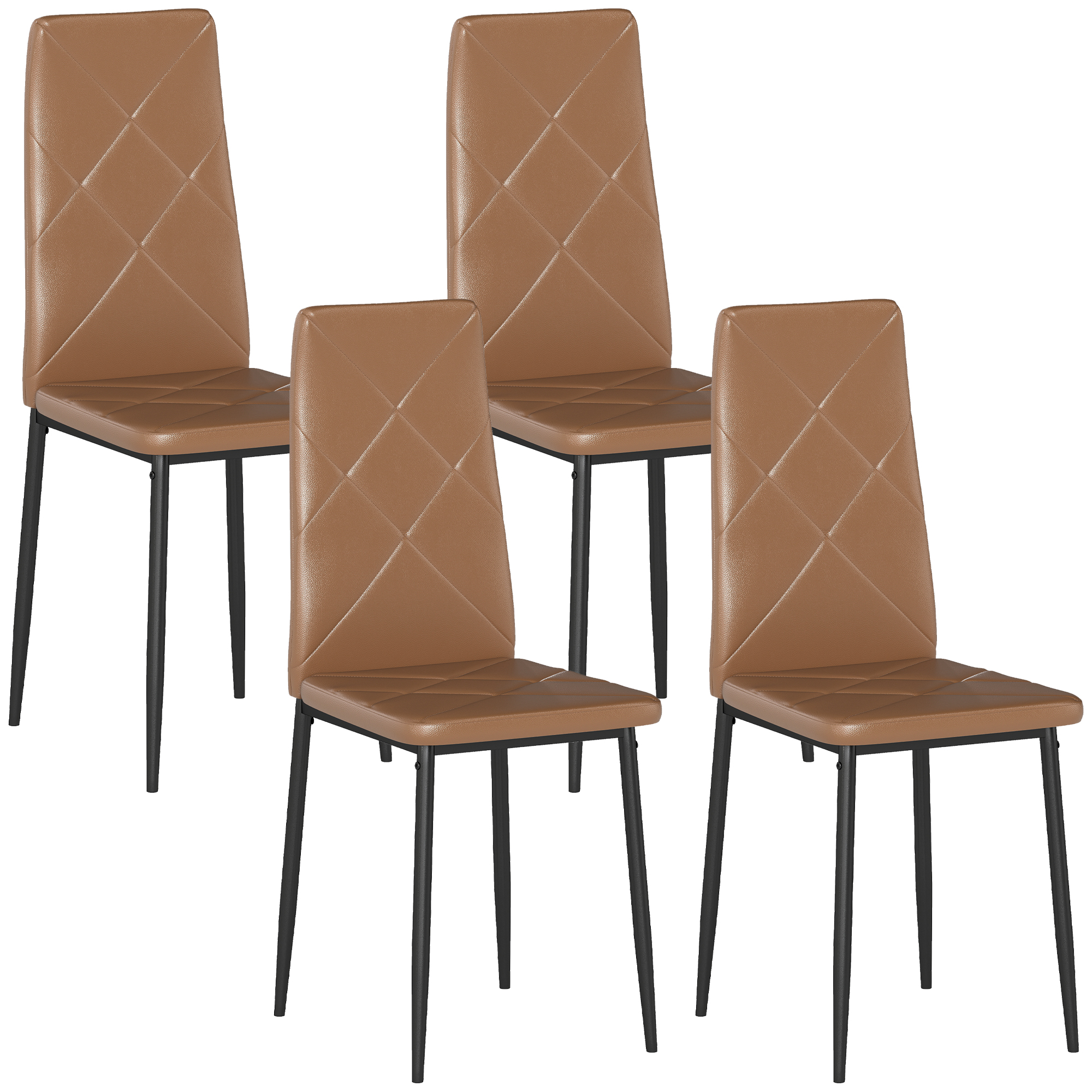 Quattro sedie marroni in ecopelle trapuntate a rombi con gambe nere.