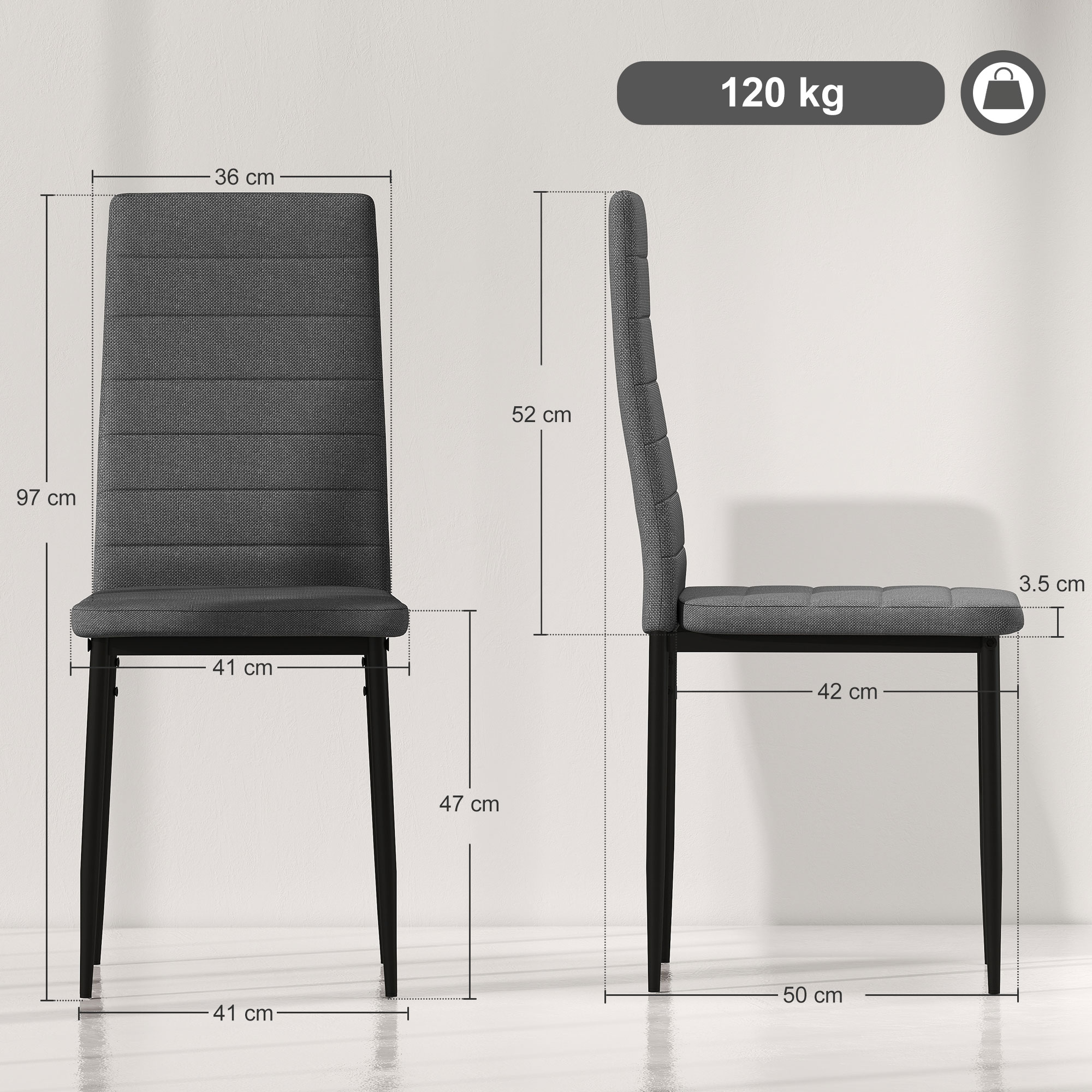 Sedia in tessuto grigio con dimensioni: altezza 97cm, larghezza 36cm.