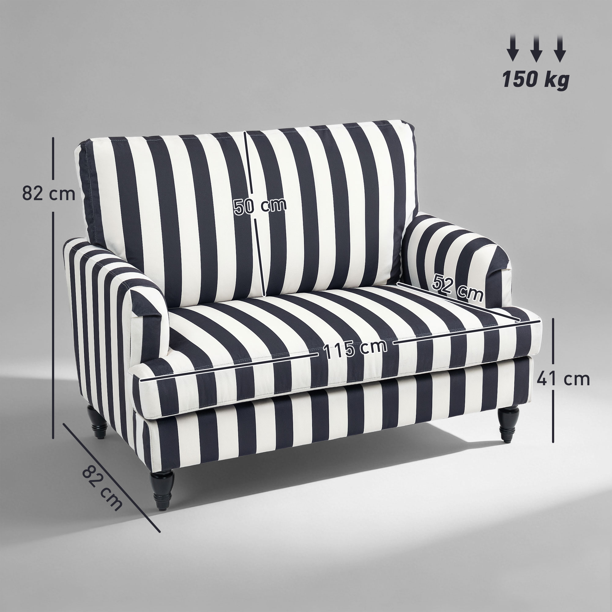 Poltrona a righe blu navy e bianche, con dimensioni e limite di 150 kg.