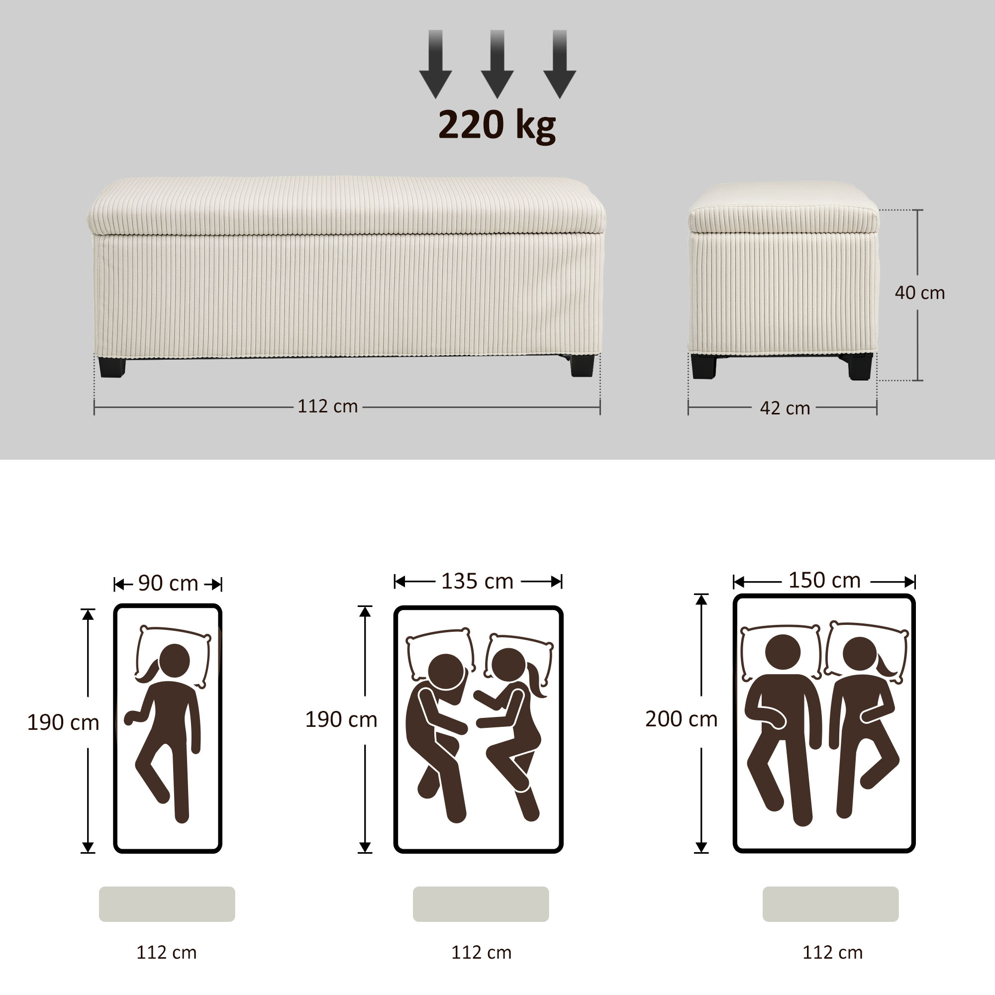 Panca contenitore e pouf beige con dimensioni e illustrazioni dello spazio.