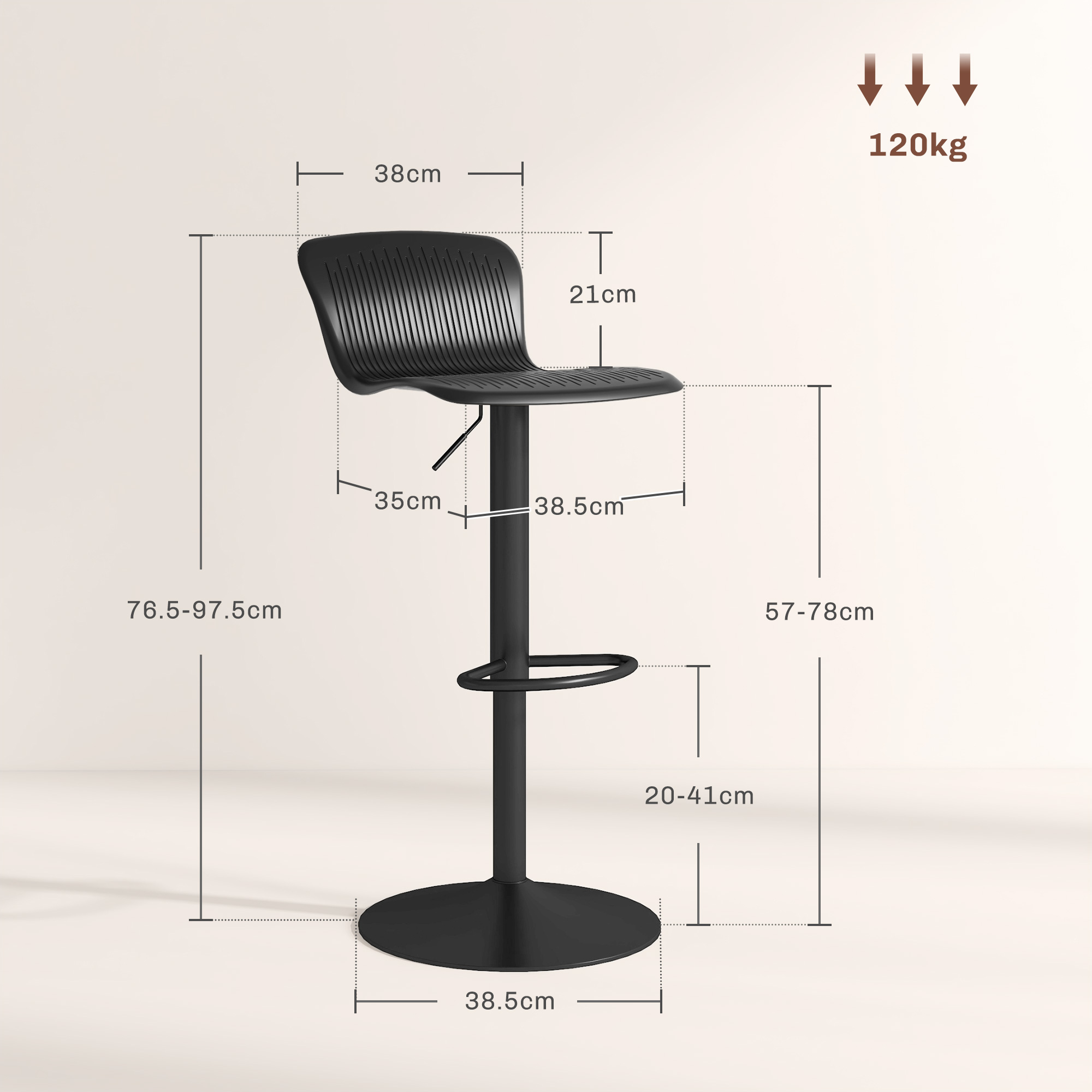Sgabello da bar nero con dimensioni e carico massimo di 120kg.
