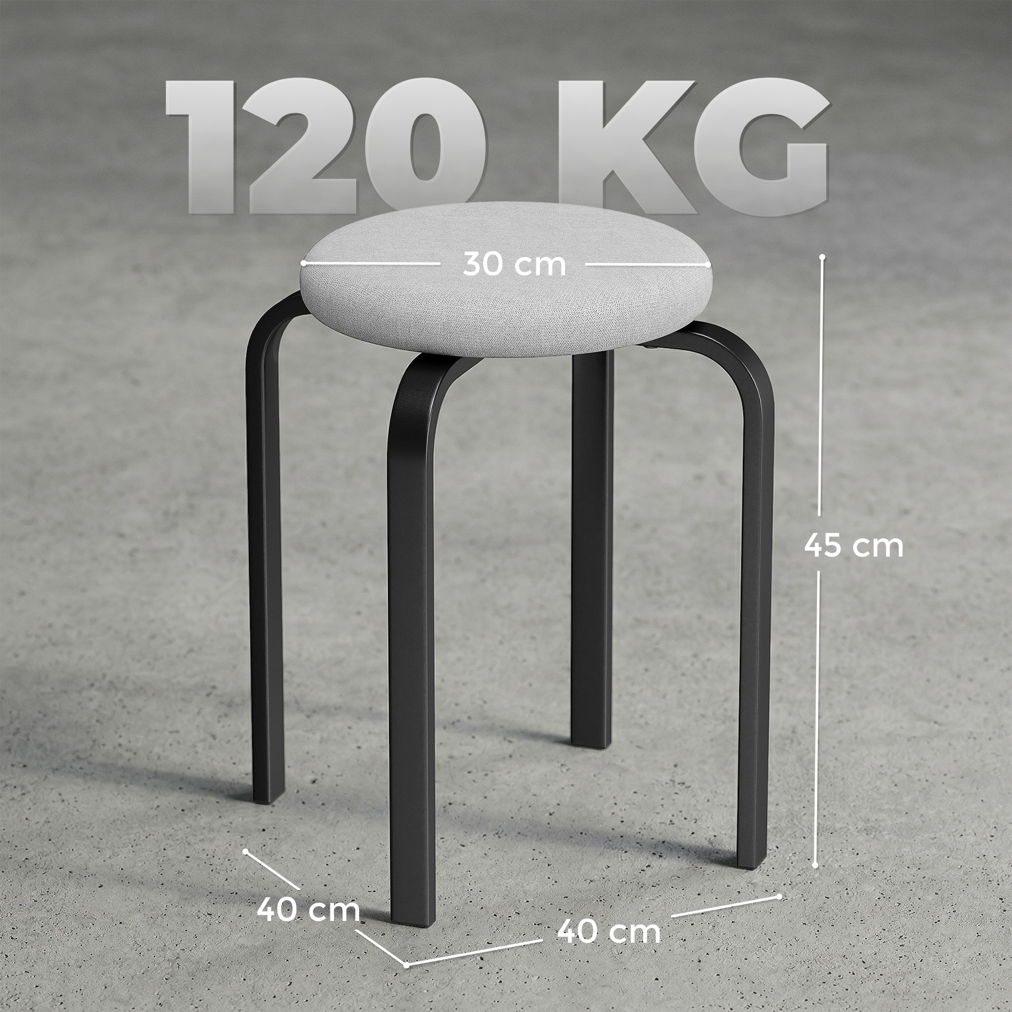 Uno sgabello grigio con telaio nero su pavimento in cemento. Dimensioni: 45 cm altezza, 30 cm diametro seduta.