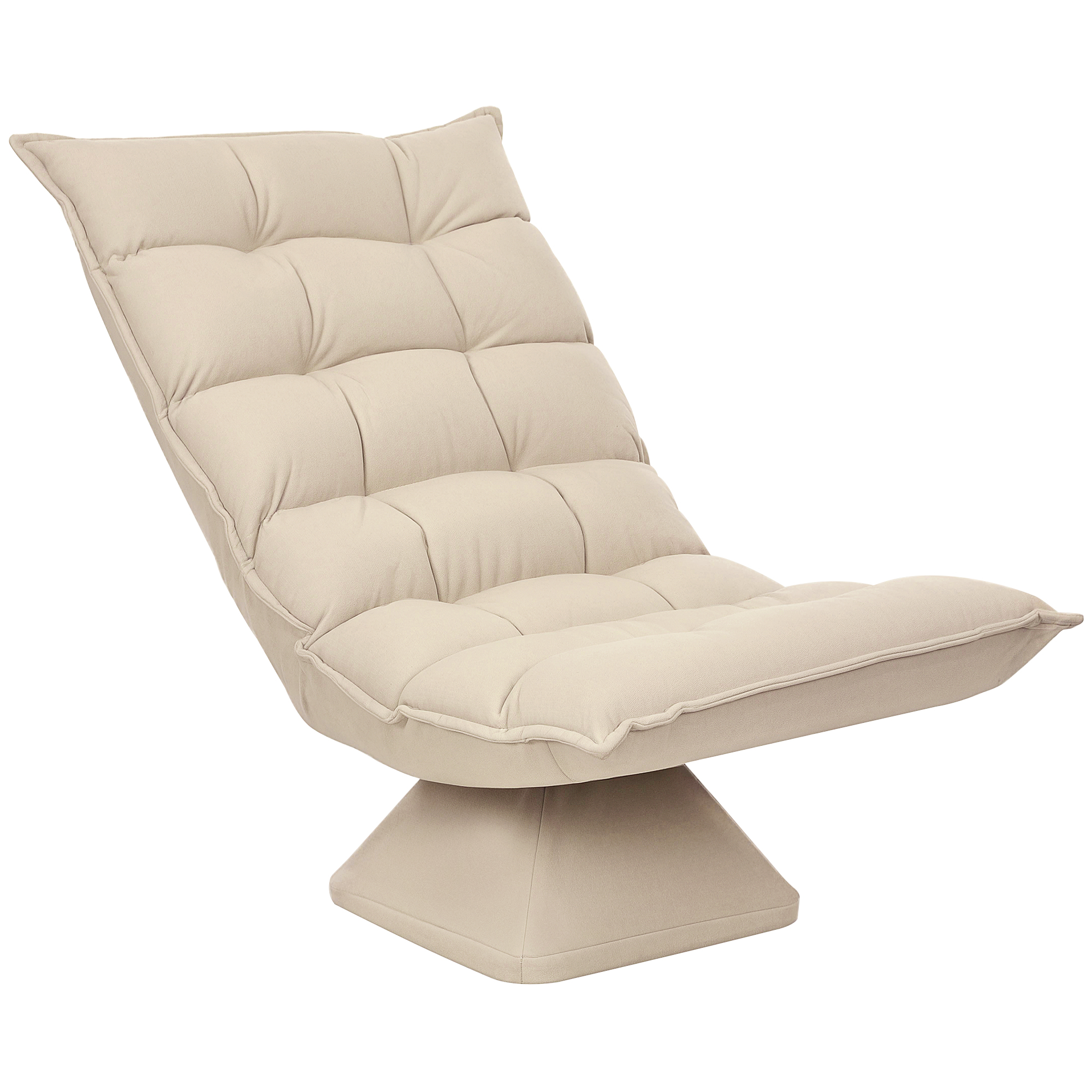 Una chaise longue beige in tessuto trapuntato con base girevole.
