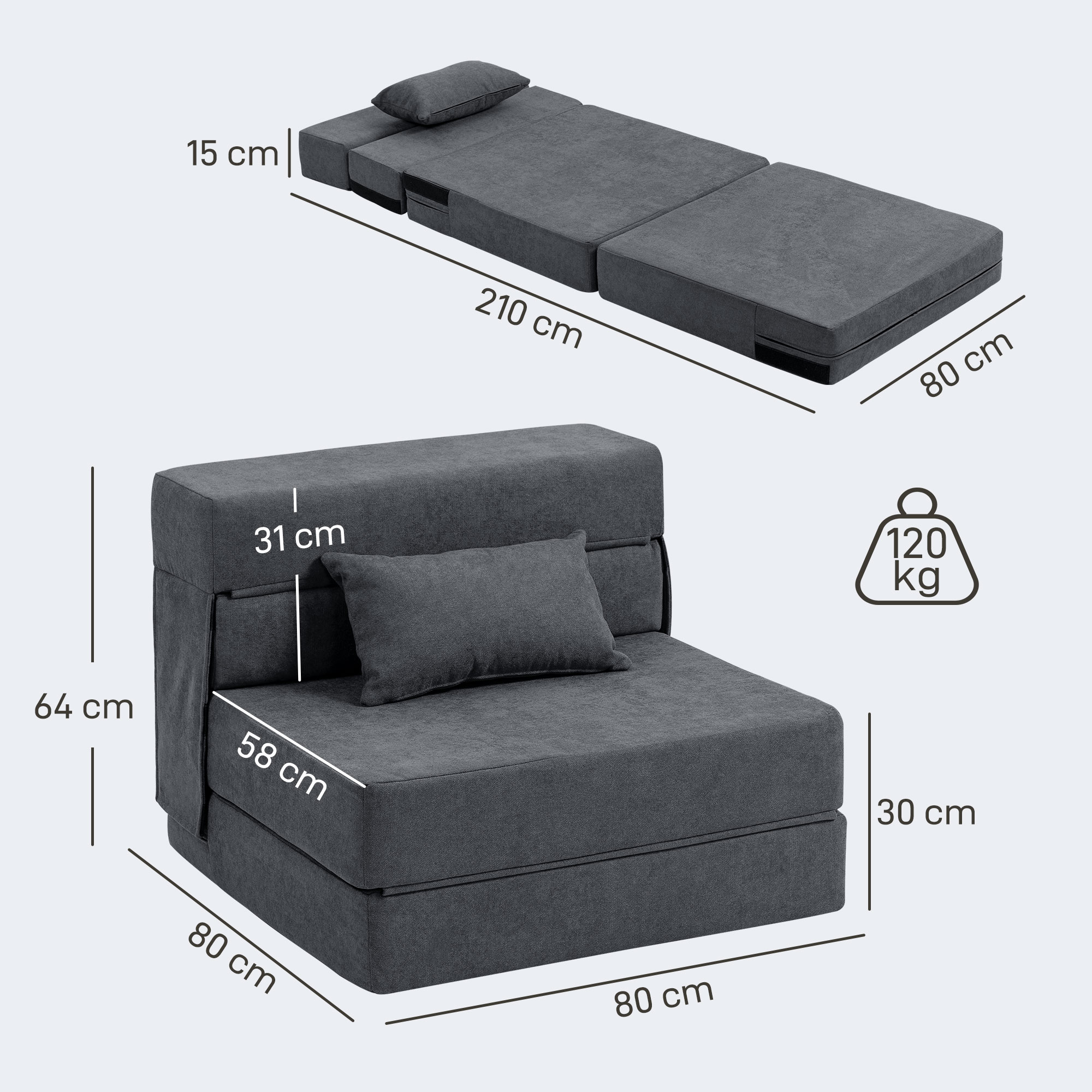 Poltrona letto grigia con dimensioni e cuscino. Aperto 210x80cm.