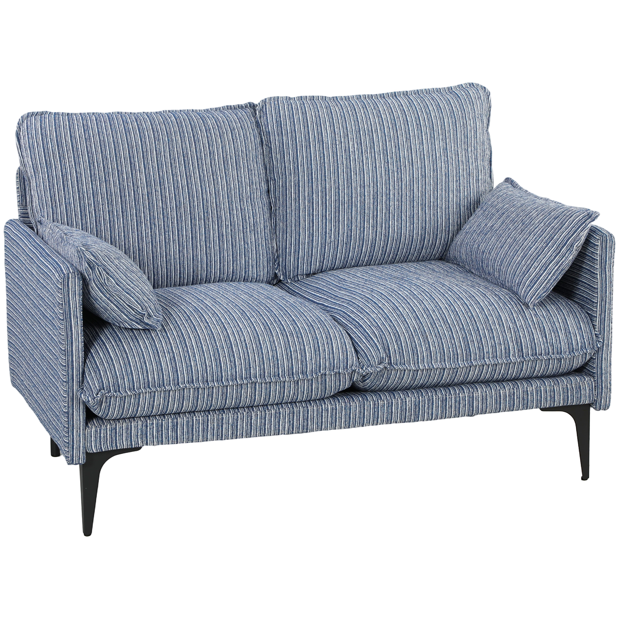 Un divano a righe blu e bianche con due cuscini di seduta, cuscini di schienale e due piccoli cuscini su gambe nere.