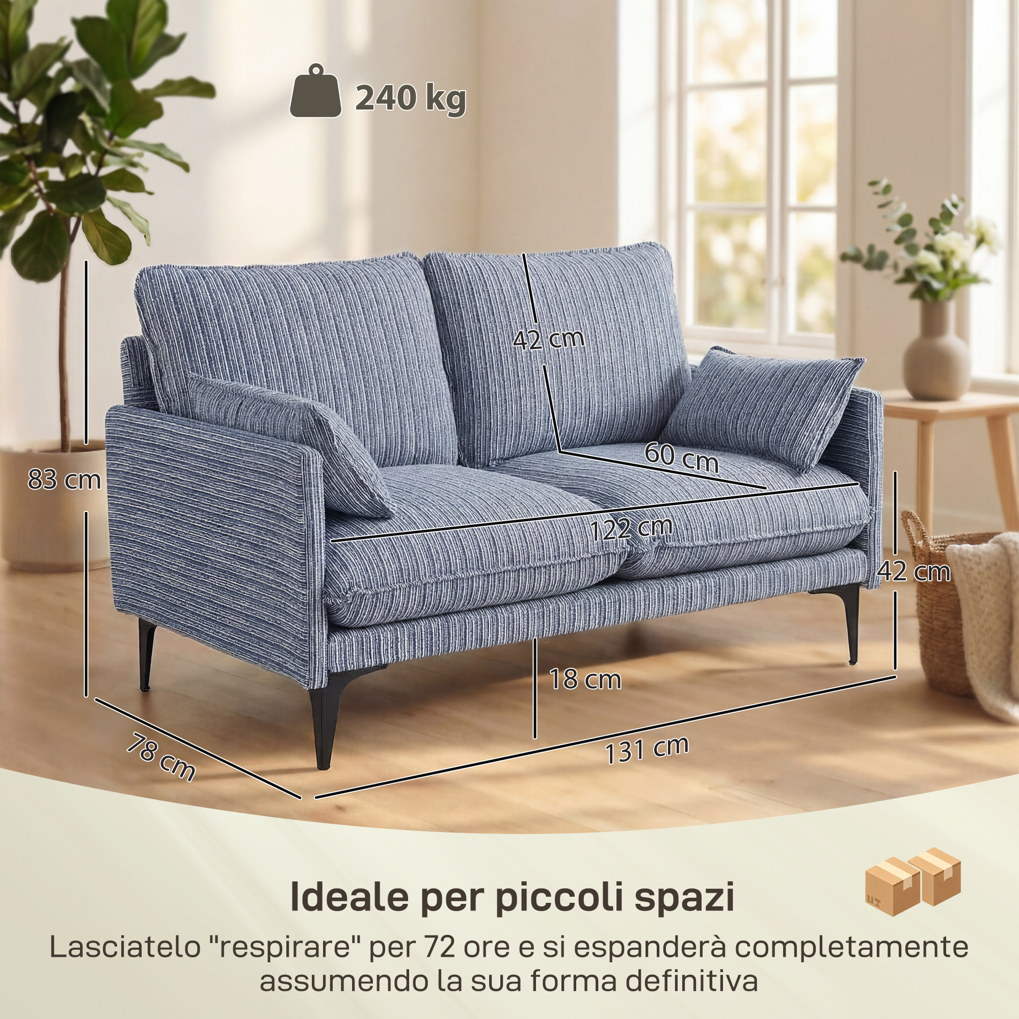 Un divano a righe blu con dimensioni, adatto a piccoli spazi.
