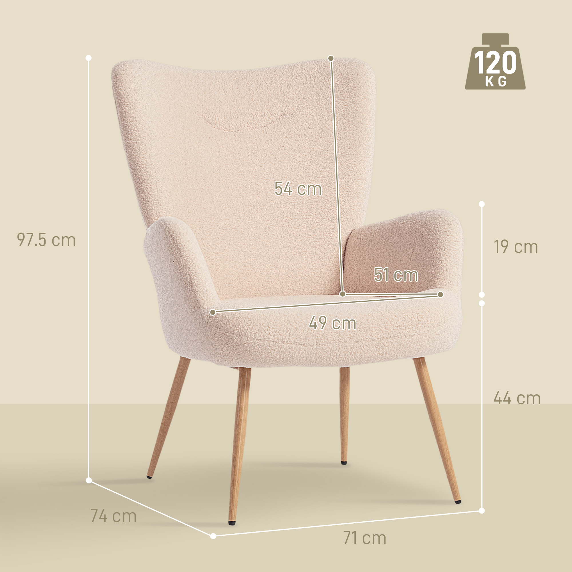 Una poltrona beige in tessuto teddy con gambe in legno, dimensioni indicate.