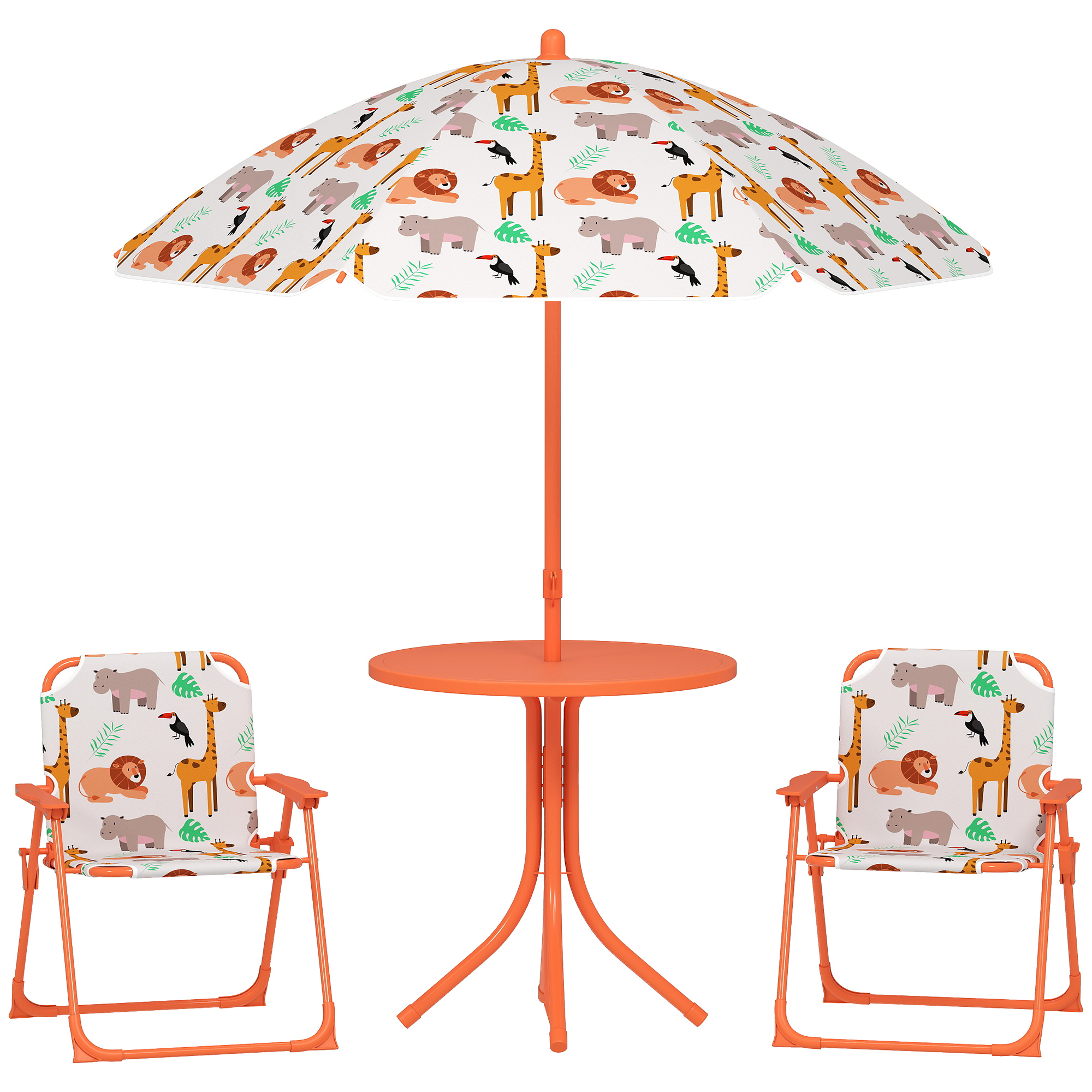Un set da patio arancione con tavolo, ombrellone e due sedie, tutti con stampe di animali.