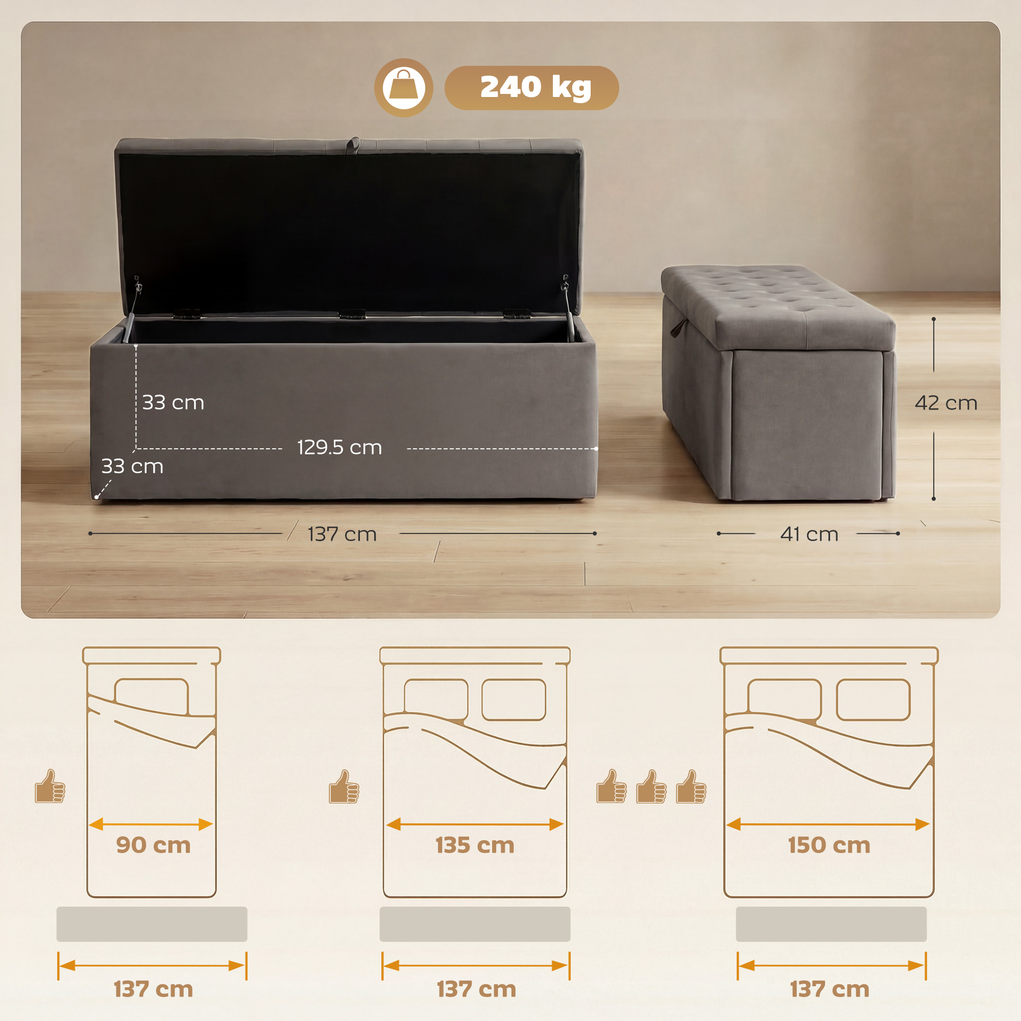 Pouf contenitore grigio con coperchio aperto e dimensioni.