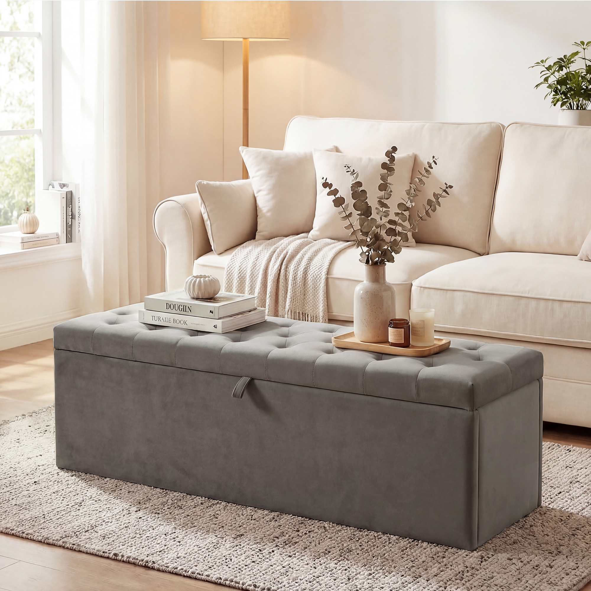 Pouf contenitore grigio davanti a un divano con cuscini e coperta.