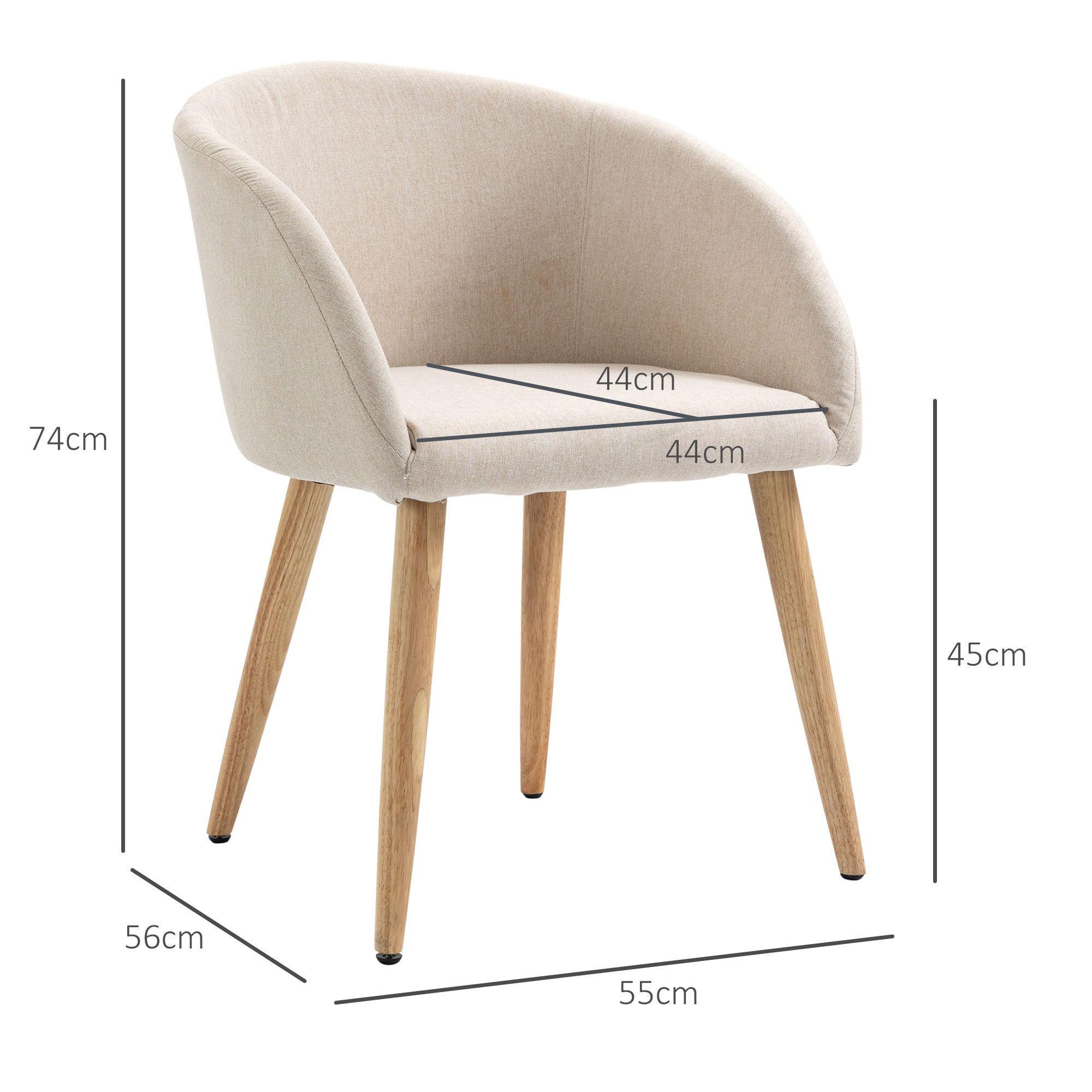 Poltrona in tessuto beige con quattro gambe in legno e dimensioni.