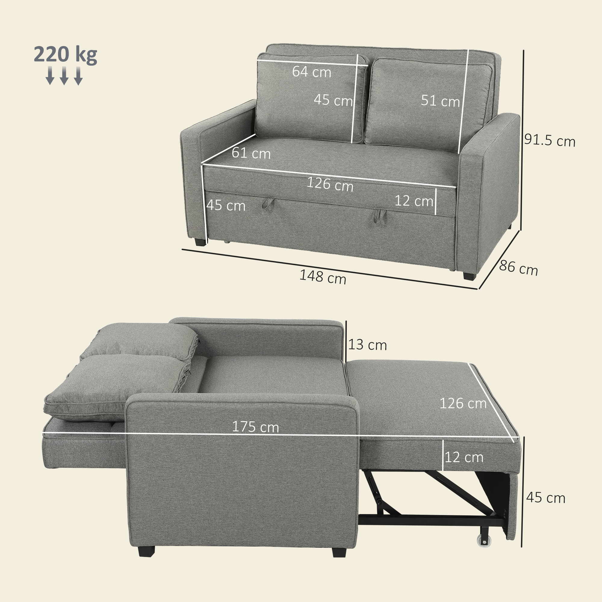 Divano letto grigio con dimensioni e peso.