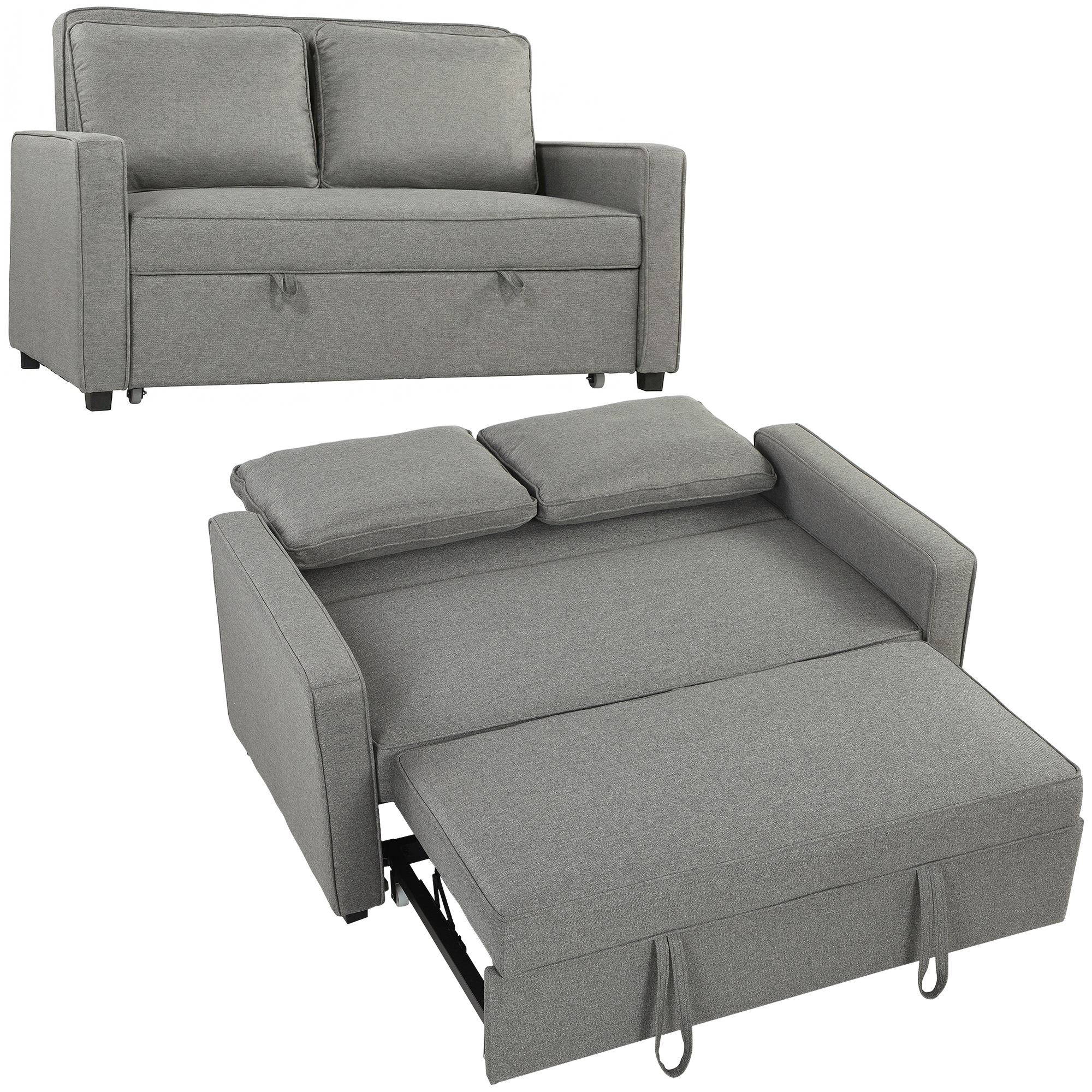 Divano letto grigio, mostrato come divano e letto parzialmente aperto con cuscini grigi.