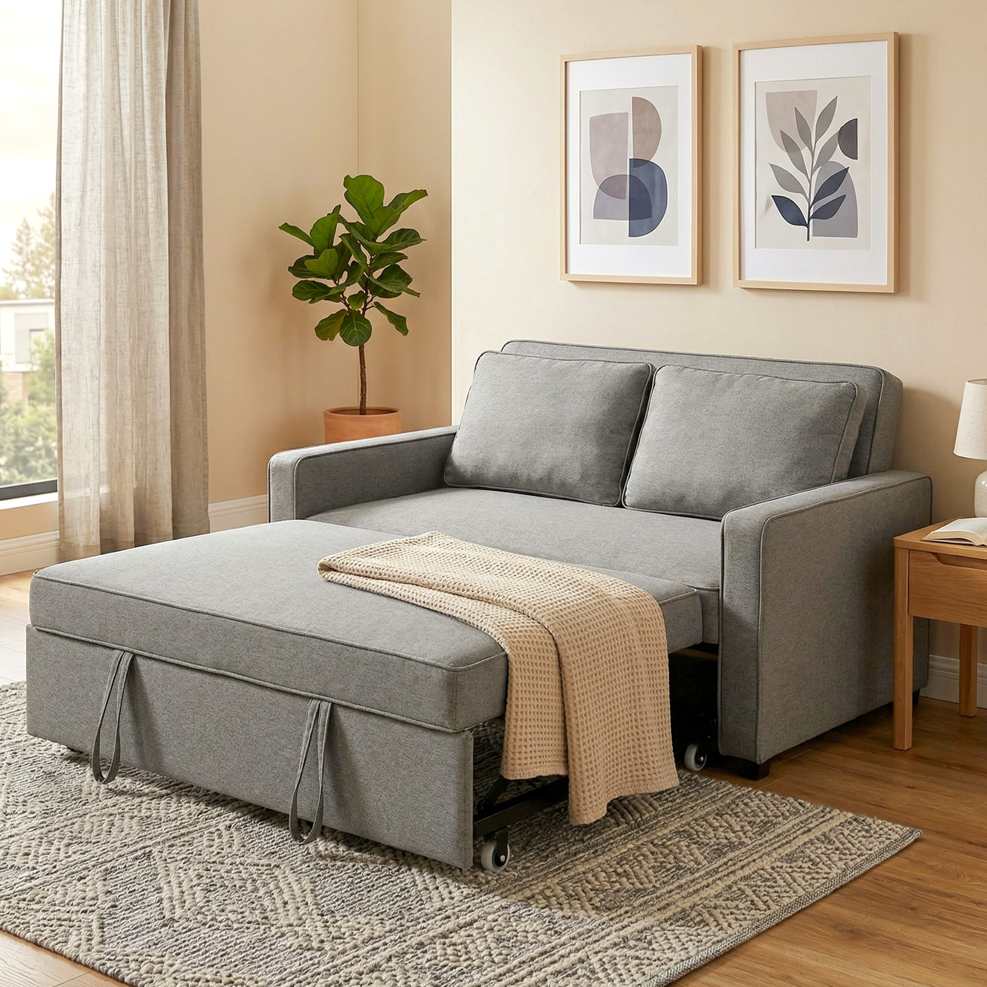 Divano letto grigio con sezione estraibile, cuscini e coperta. Pianta, quadri, tavolino.