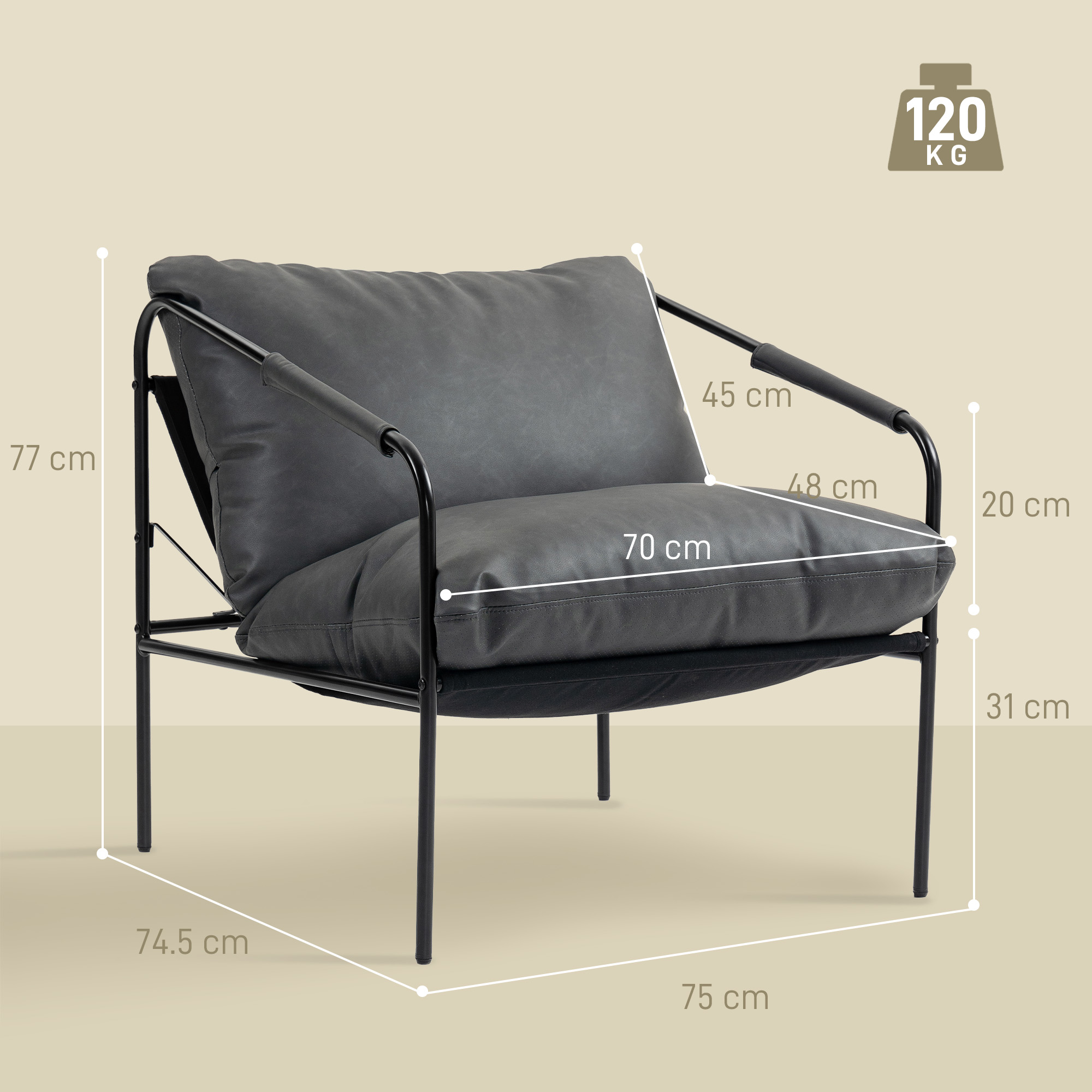 Una poltrona grigio scuro con gambe in metallo nero, che mostra le dimensioni.