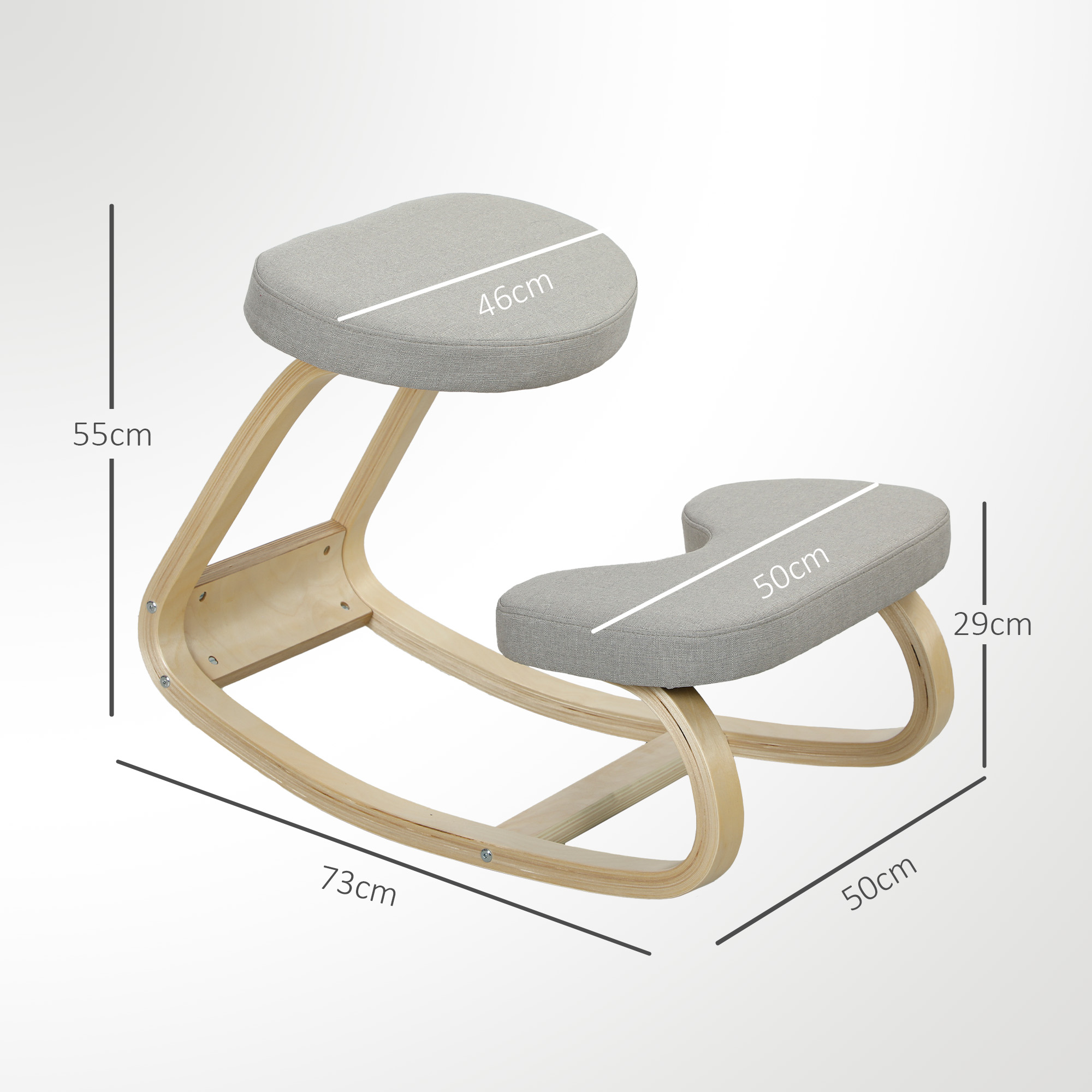 Sedia ergonomica in legno per inginocchiarsi con cuscini grigi e misure.