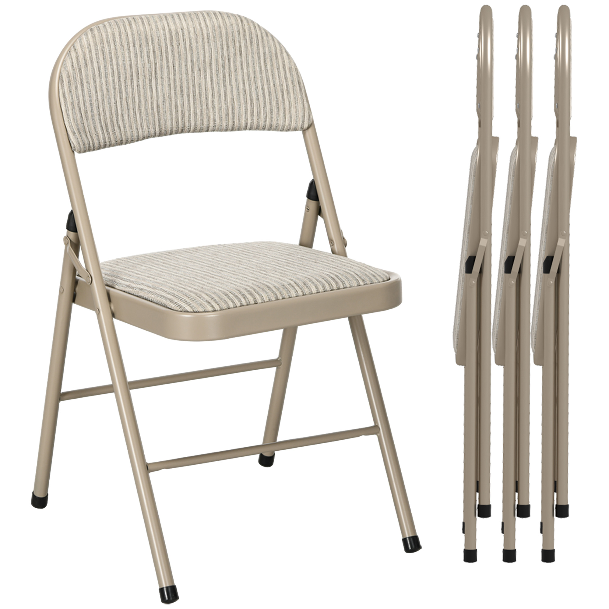 Una sedia pieghevole a righe beige e grigie accanto a tre sedie piegate.