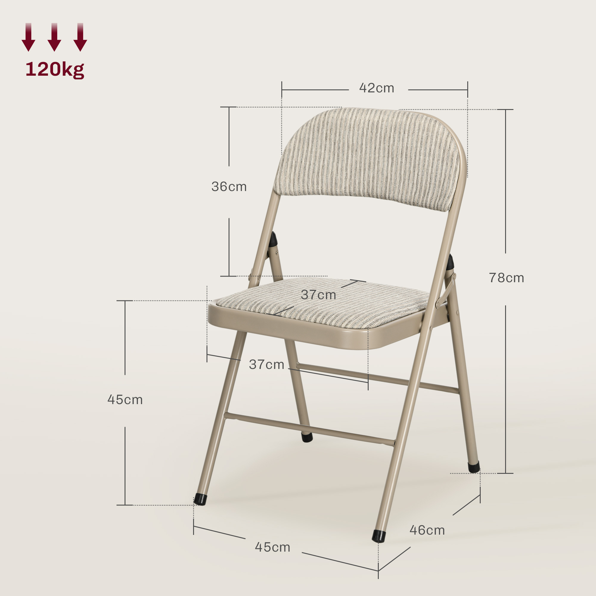 Una sedia pieghevole beige con tappezzeria a righe, con dimensioni indicate.