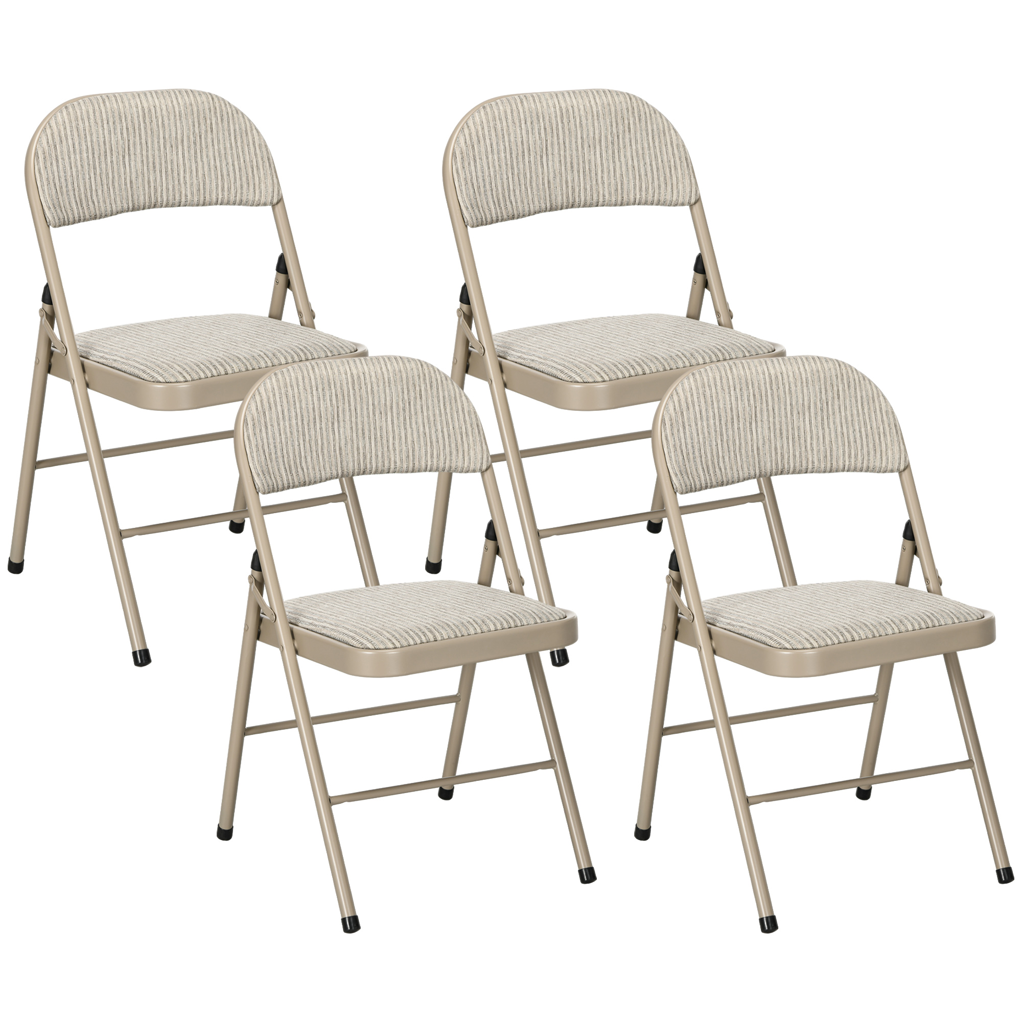 Quattro sedie pieghevoli beige con sedili e schienali in tessuto a righe.